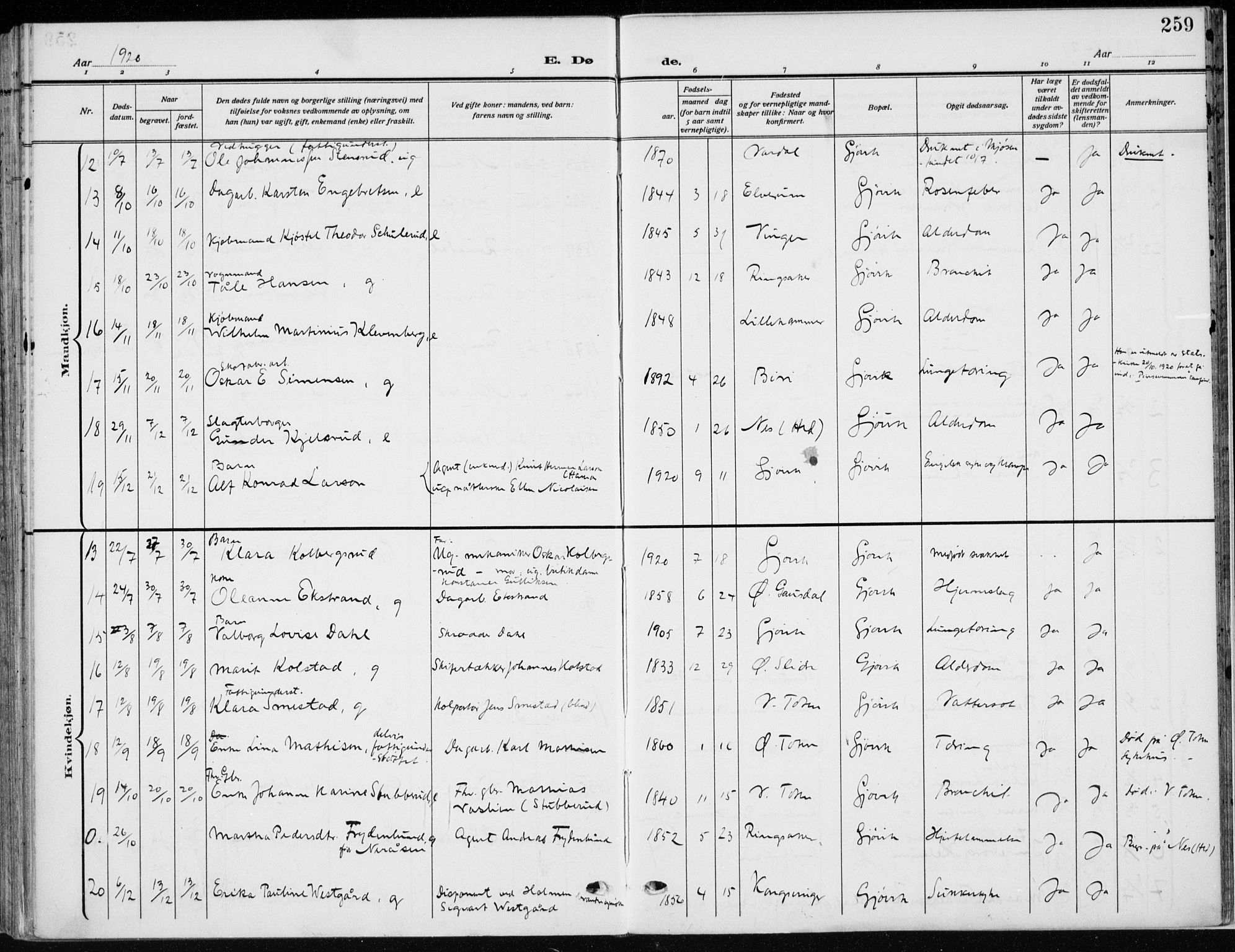 Vardal prestekontor, SAH/PREST-100/H/Ha/Haa/L0014: Parish register (official) no. 14, 1912-1922, p. 259