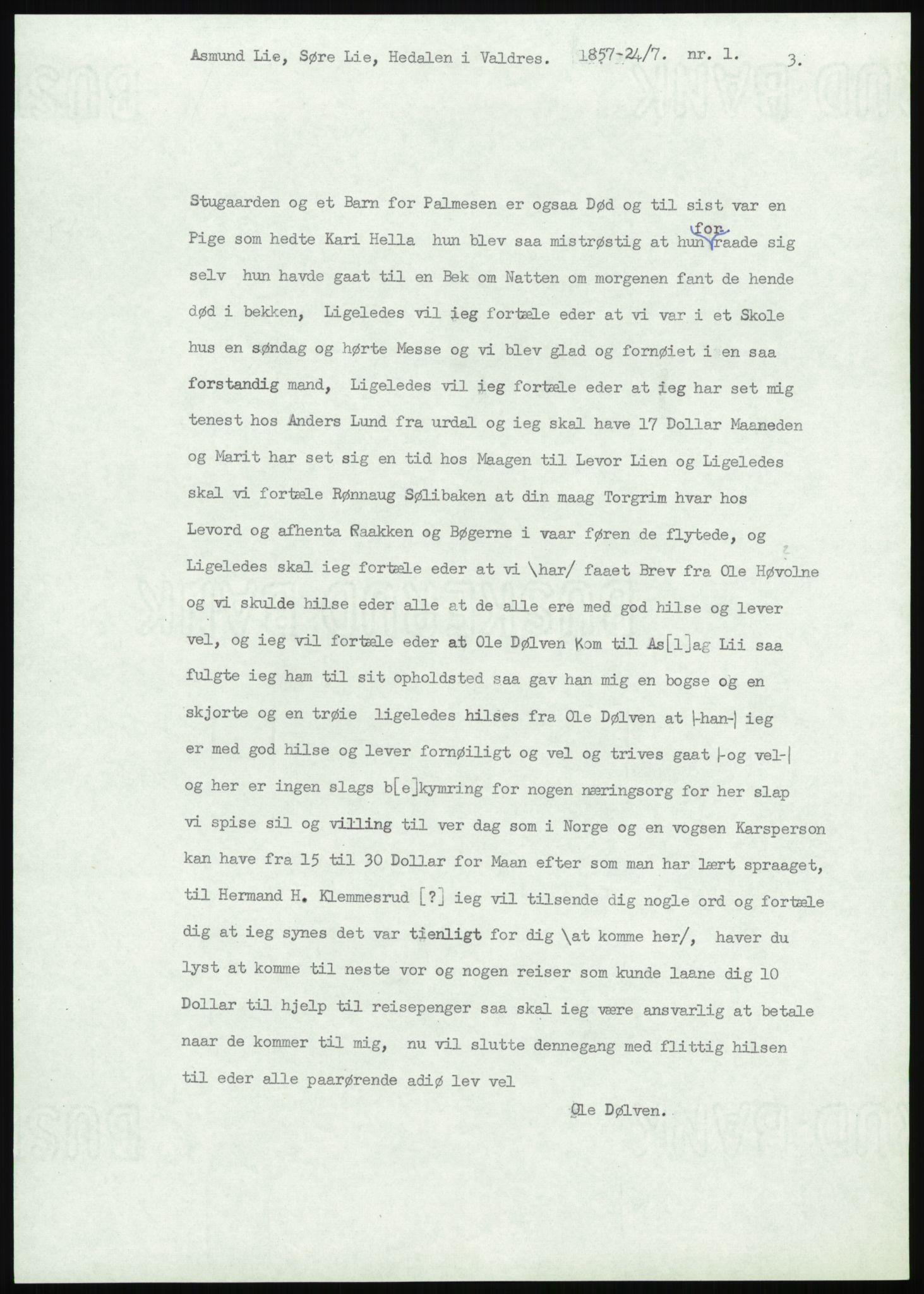 Samlinger til kildeutgivelse, Amerikabrevene, AV/RA-EA-4057/F/L0012: Innlån fra Oppland: Lie (brevnr 1-78), 1838-1914, p. 21