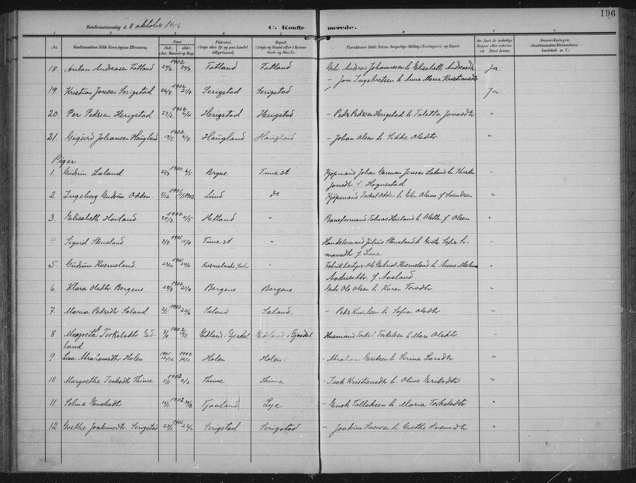 Lye sokneprestkontor, AV/SAST-A-101794/002/A/L0001: Parish register (official) no. A 12, 1904-1920, p. 196