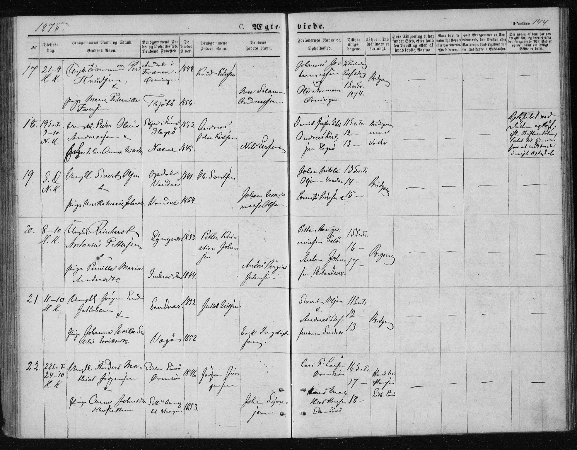 Ministerialprotokoller, klokkerbøker og fødselsregistre - Nordland, AV/SAT-A-1459/834/L0506: Parish register (official) no. 834A04, 1872-1878, p. 144