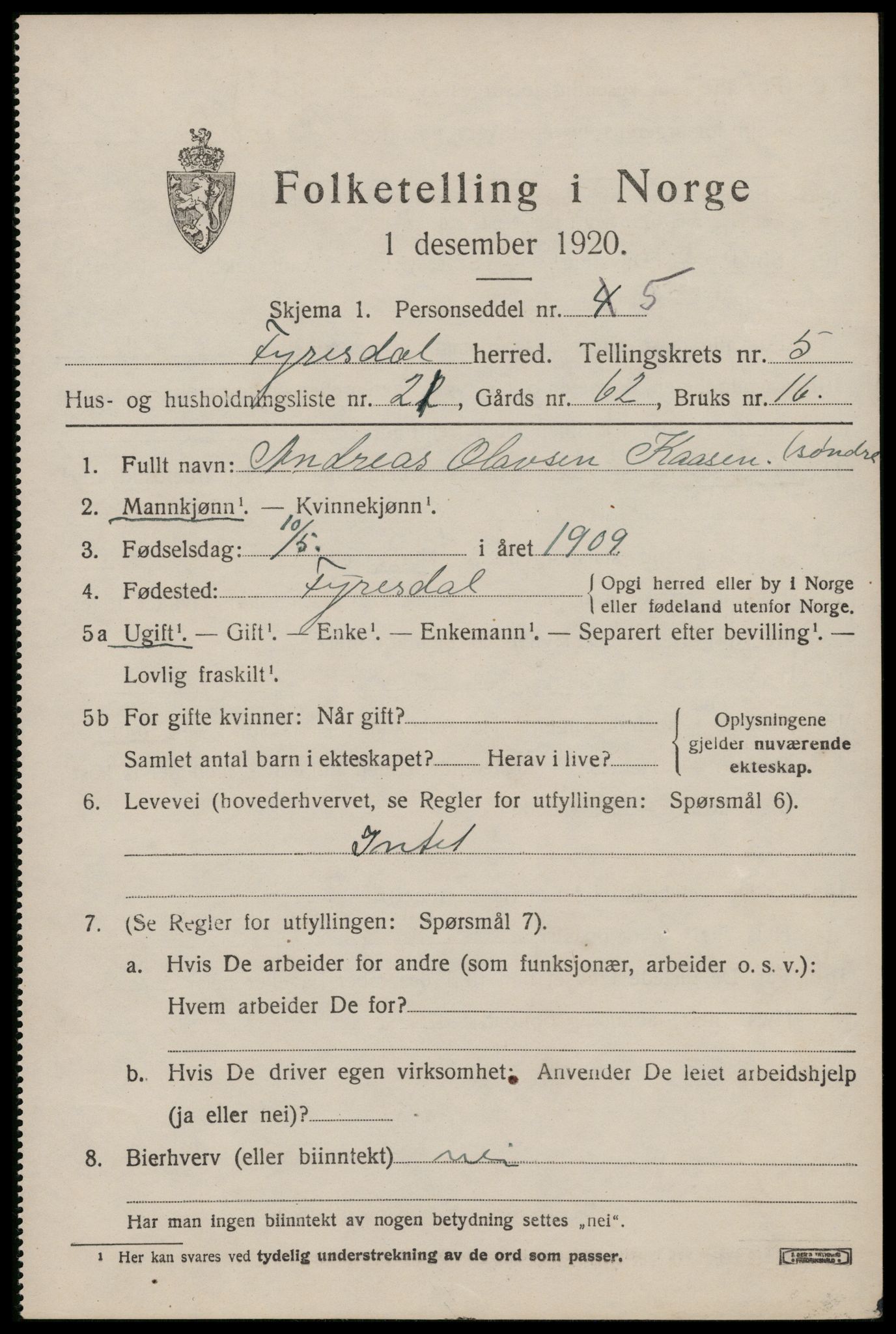 SAKO, 1920 census for Fyresdal, 1920, p. 2301