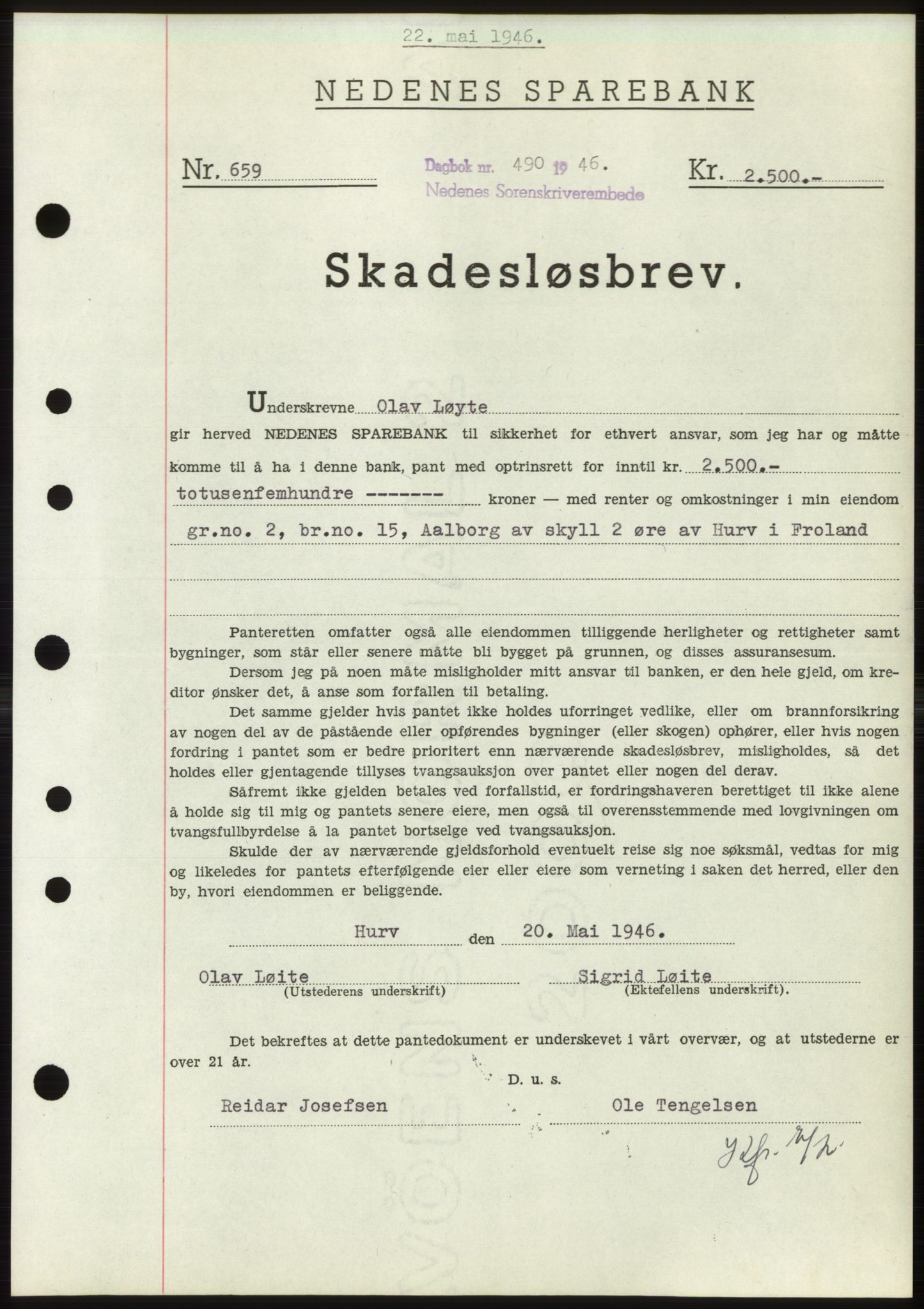 Nedenes sorenskriveri, SAK/1221-0006/G/Gb/Gbb/L0003: Mortgage book no. B3b, 1946-1946, Diary no: : 490/1946