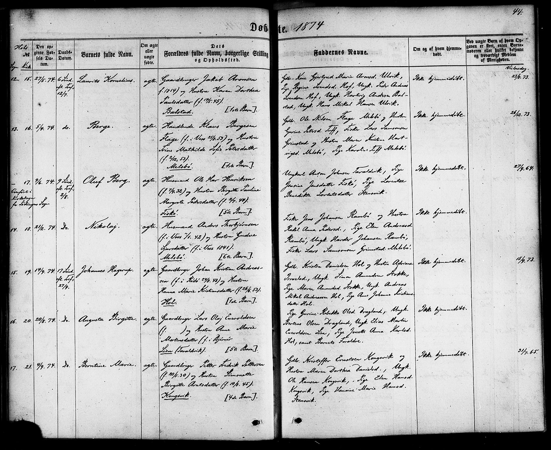 Ministerialprotokoller, klokkerbøker og fødselsregistre - Nordland, AV/SAT-A-1459/865/L0923: Parish register (official) no. 865A01, 1864-1884, p. 44