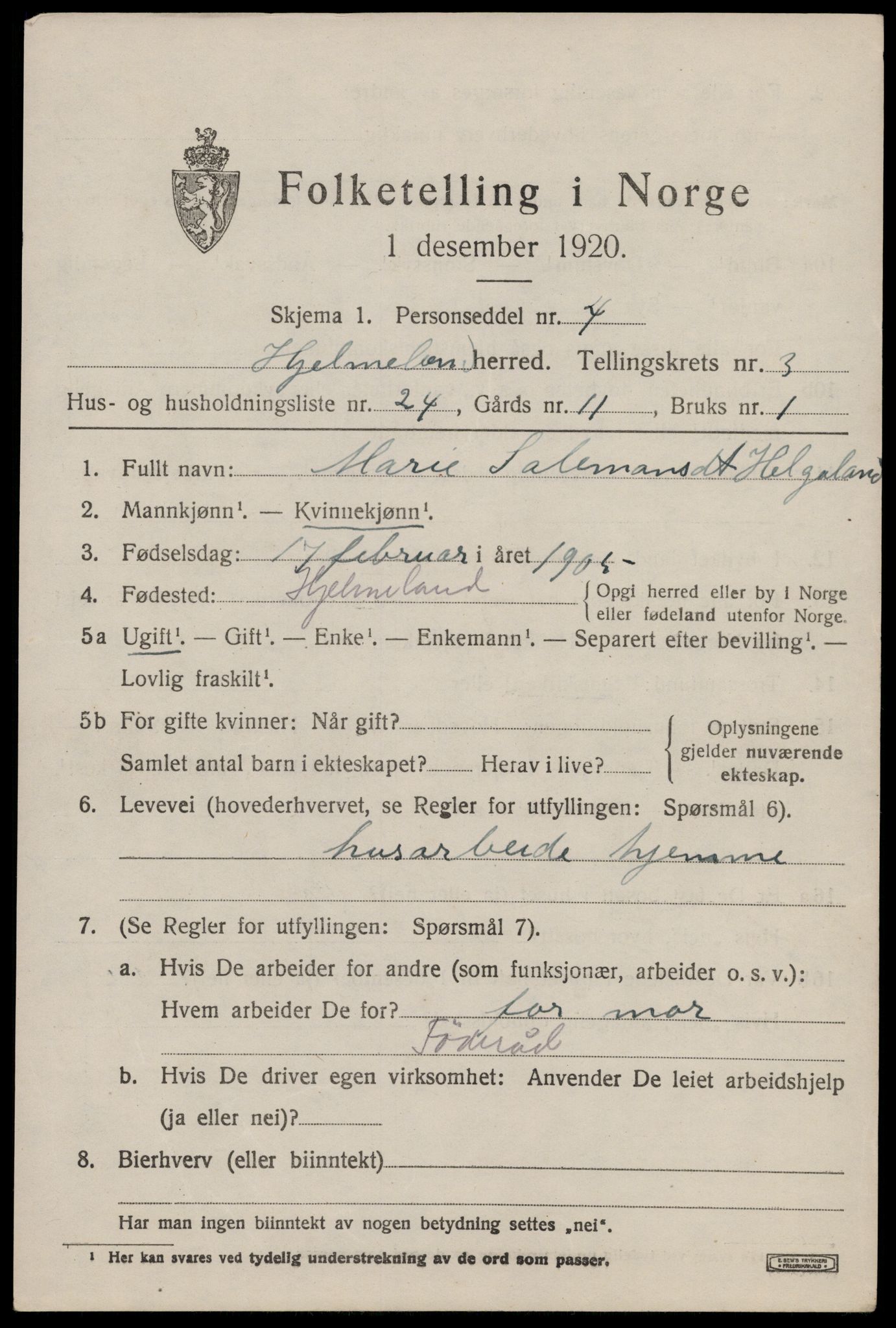 SAST, 1920 census for Hjelmeland, 1920, p. 1507