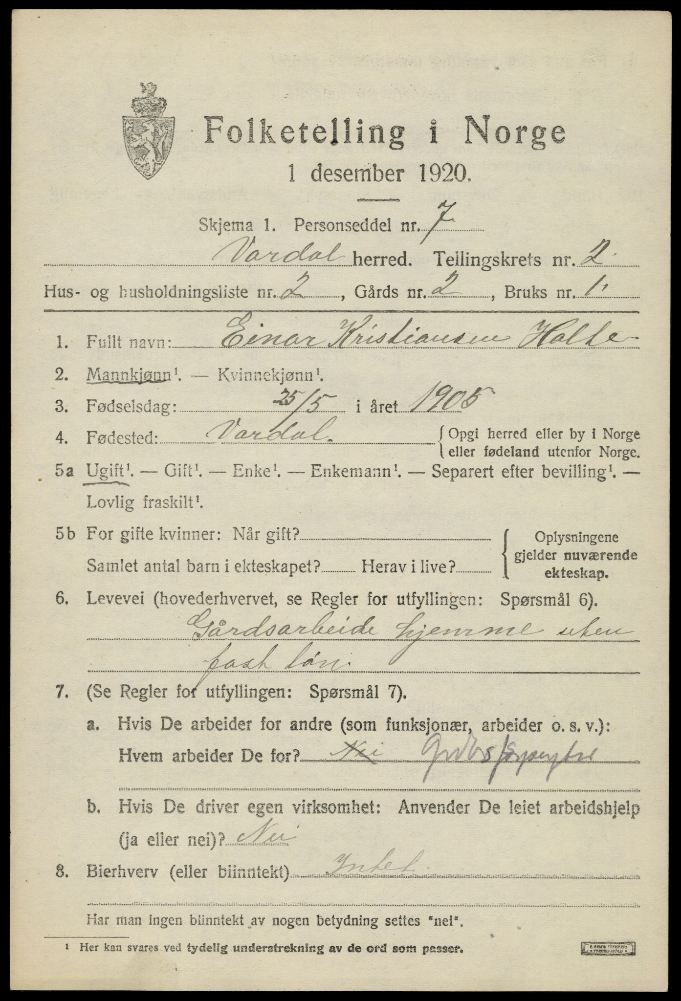 SAH, 1920 census for Vardal, 1920, p. 2457