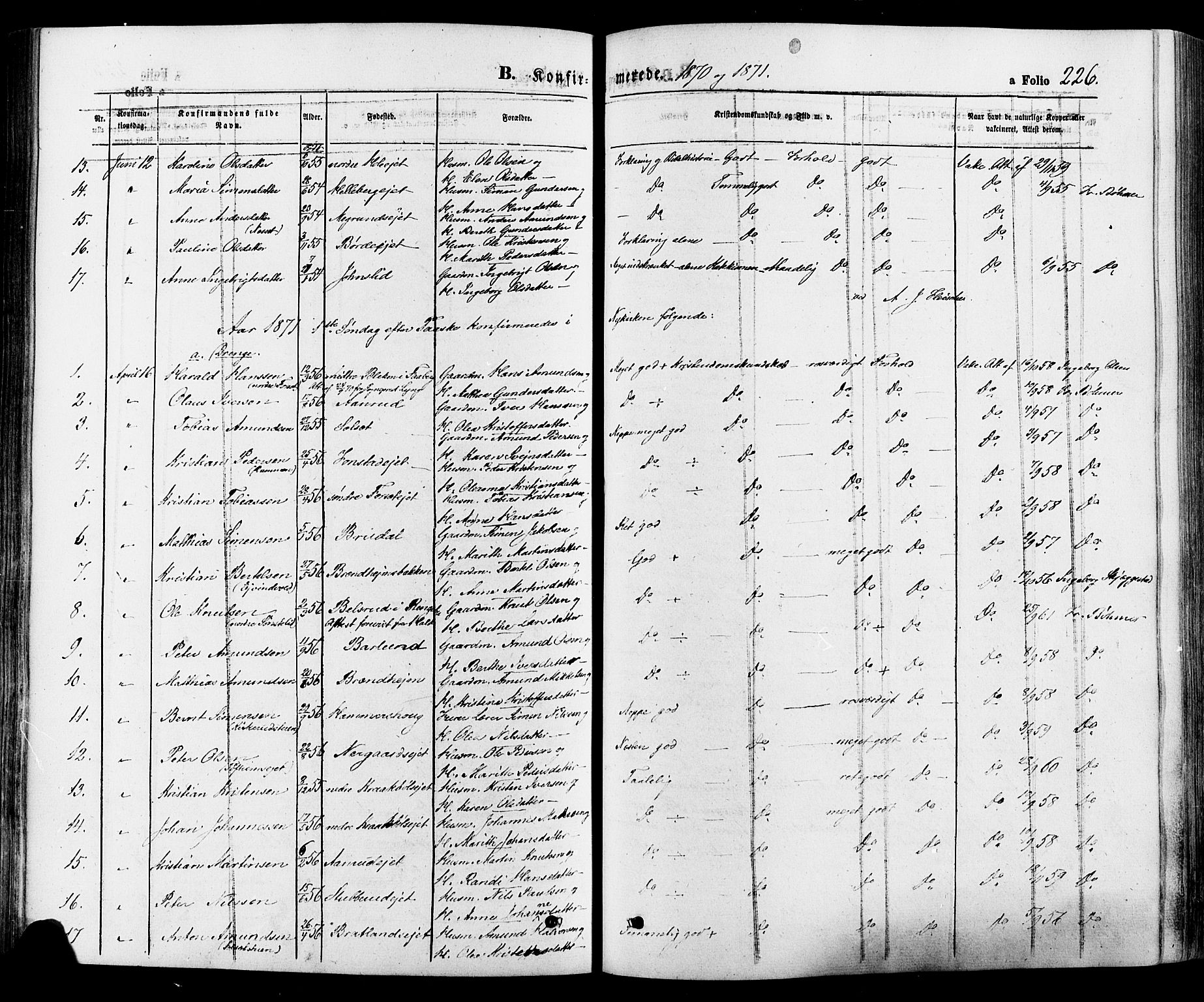 Gausdal prestekontor, SAH/PREST-090/H/Ha/Haa/L0010: Parish register (official) no. 10, 1867-1886, p. 226