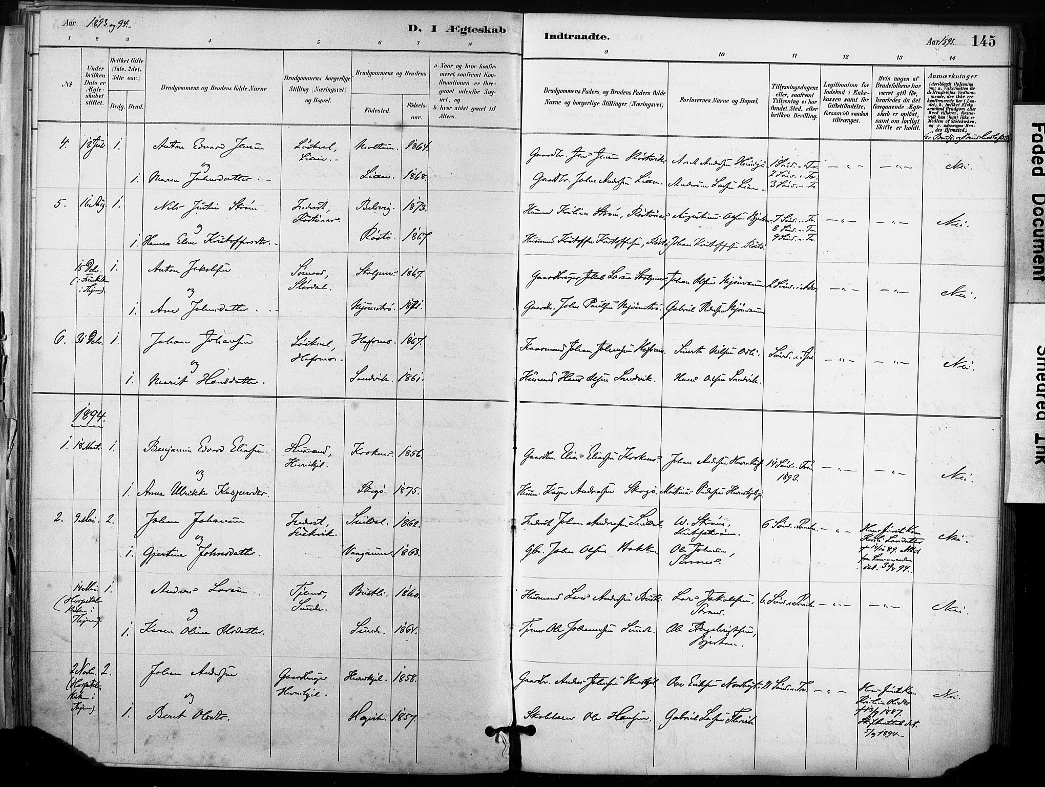 Ministerialprotokoller, klokkerbøker og fødselsregistre - Sør-Trøndelag, SAT/A-1456/633/L0518: Parish register (official) no. 633A01, 1884-1906, p. 145
