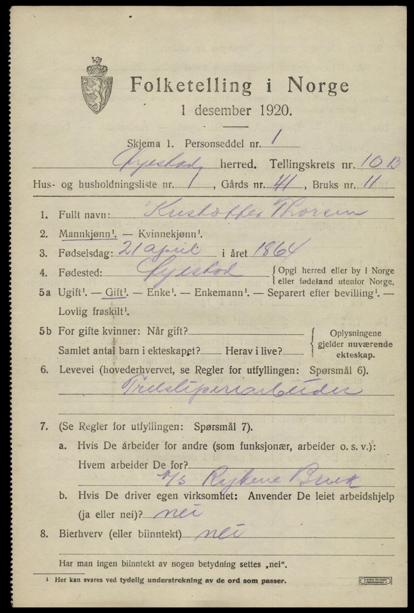 SAK, 1920 census for Øyestad, 1920, p. 6394