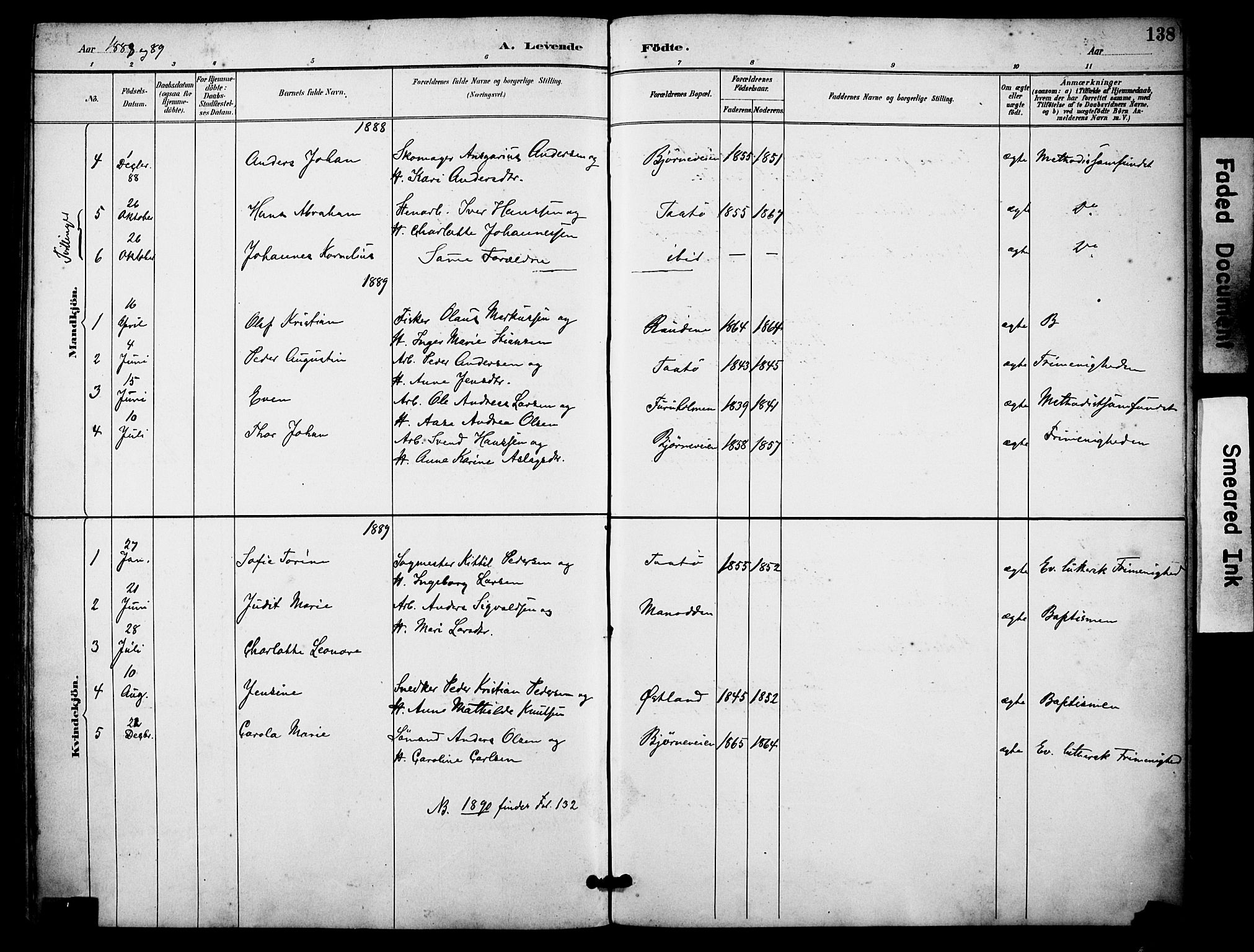 Skåtøy kirkebøker, SAKO/A-304/F/Fa/L0002: Parish register (official) no. I 2, 1884-1899, p. 138