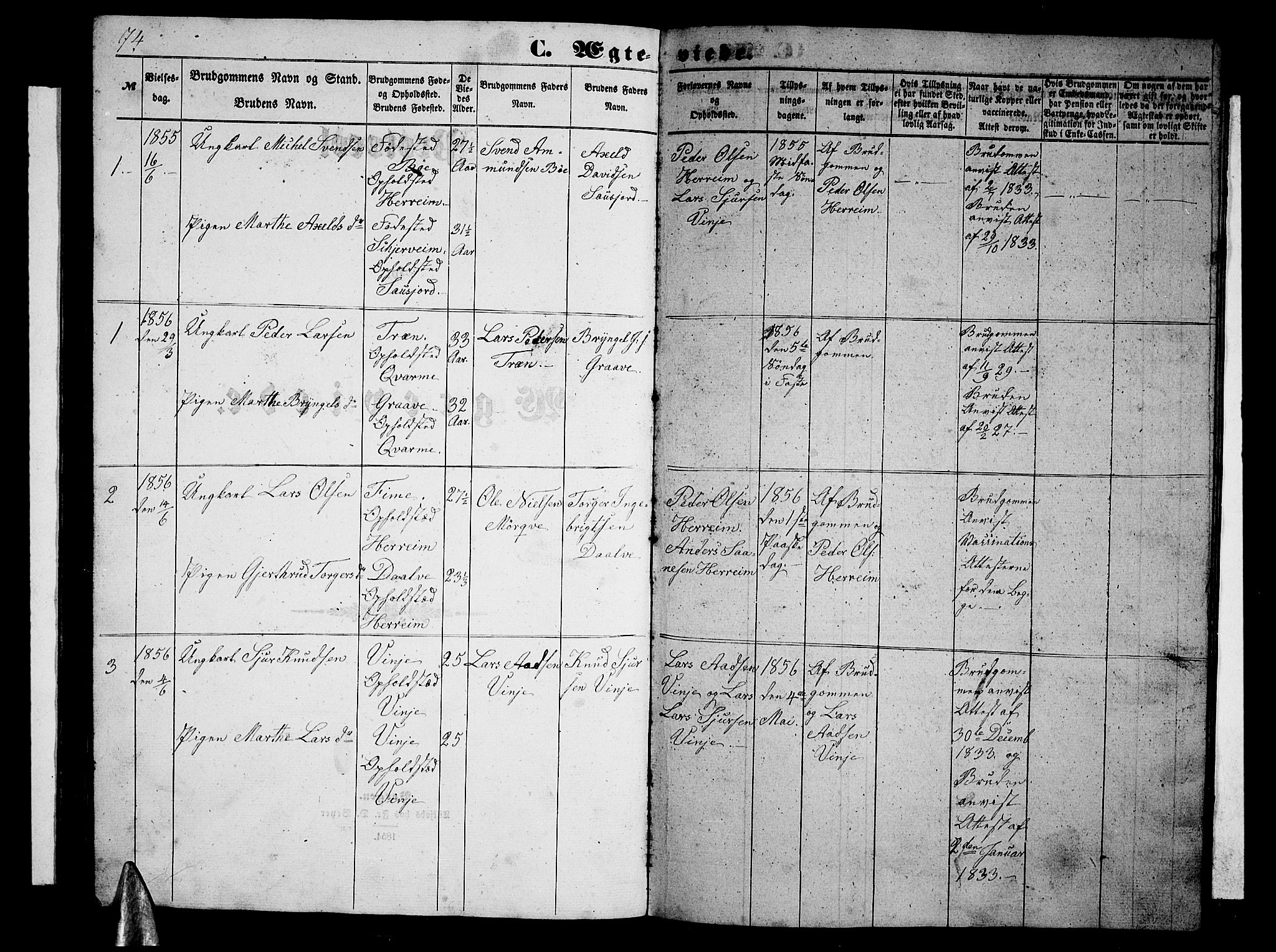 Vossestrand Sokneprestembete, SAB/A-79101/H/Hab: Parish register (copy) no. B 1, 1855-1867, p. 74