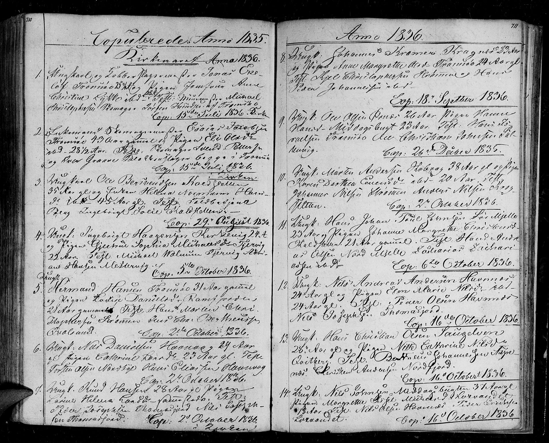 Tromsø sokneprestkontor/stiftsprosti/domprosti, AV/SATØ-S-1343/G/Ga/L0008kirke: Parish register (official) no. 8, 1829-1837, p. 710-711