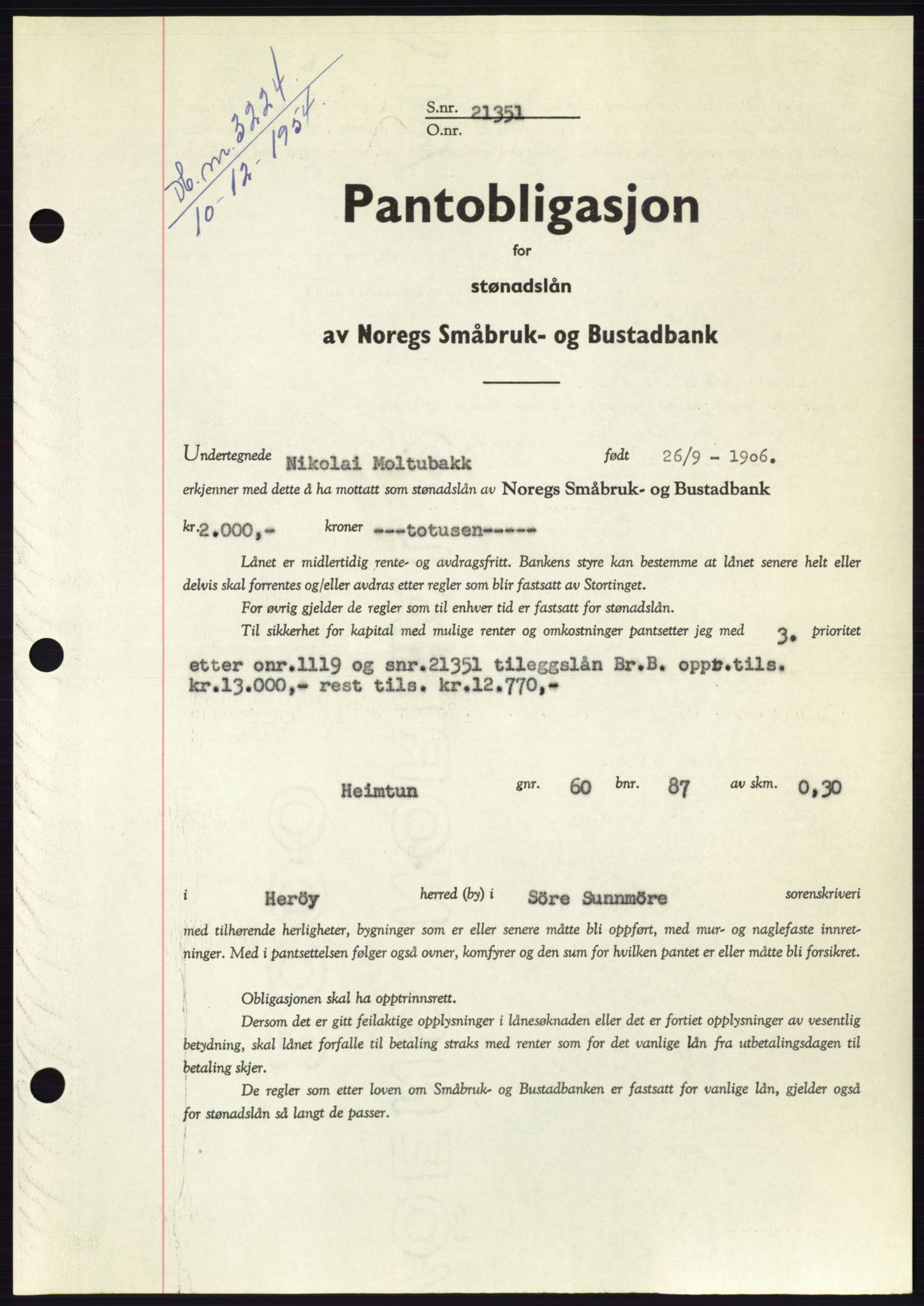 Søre Sunnmøre sorenskriveri, AV/SAT-A-4122/1/2/2C/L0126: Mortgage book no. 14B, 1954-1955, Diary no: : 3224/1954