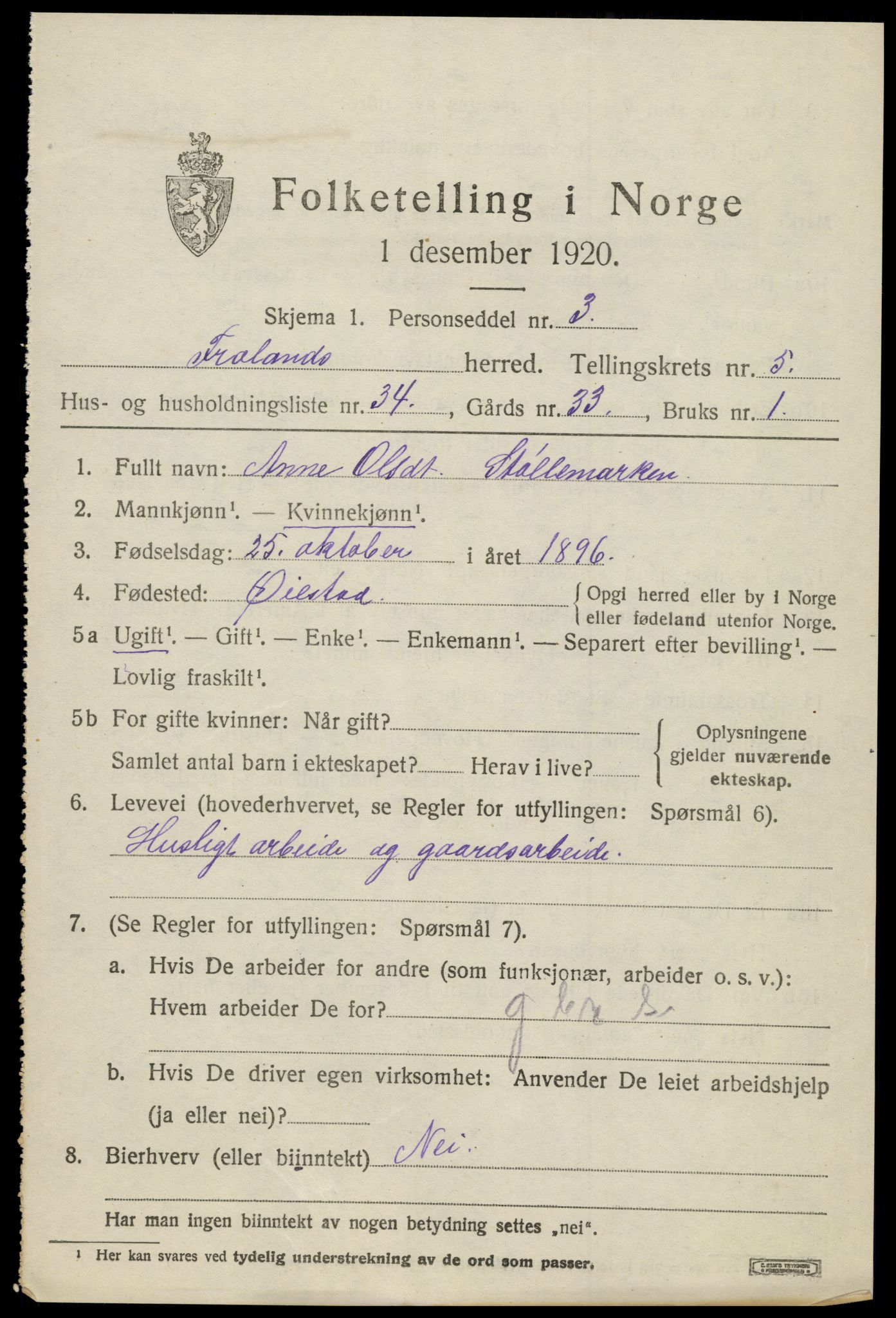 SAK, 1920 census for Froland, 1920, p. 4033