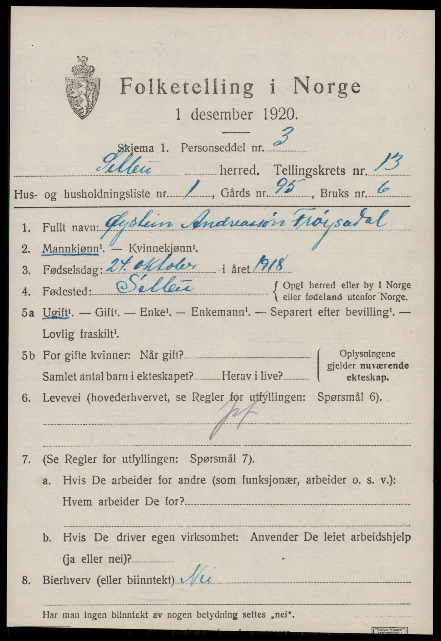 SAT, 1920 census for Selbu, 1920, p. 7016