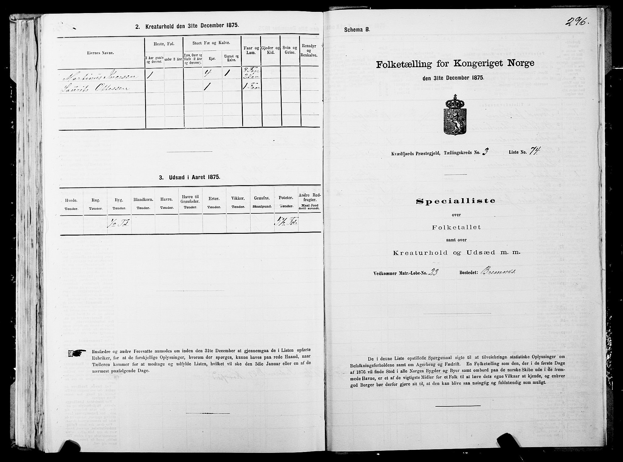 SATØ, 1875 census for 1911P Kvæfjord, 1875, p. 2296