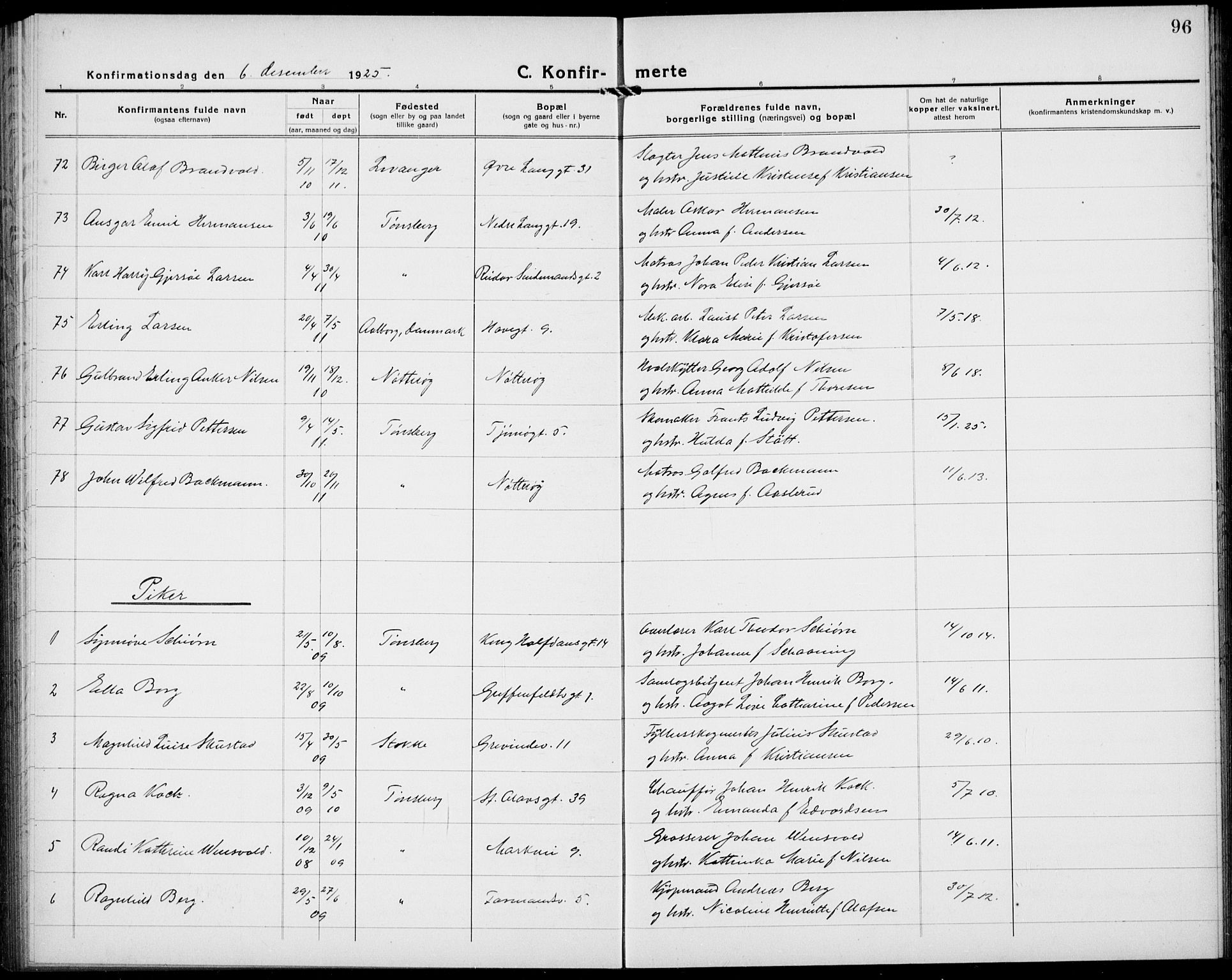 Tønsberg kirkebøker, AV/SAKO-A-330/G/Ga/L0013: Parish register (copy) no. 13, 1920-1929, p. 96