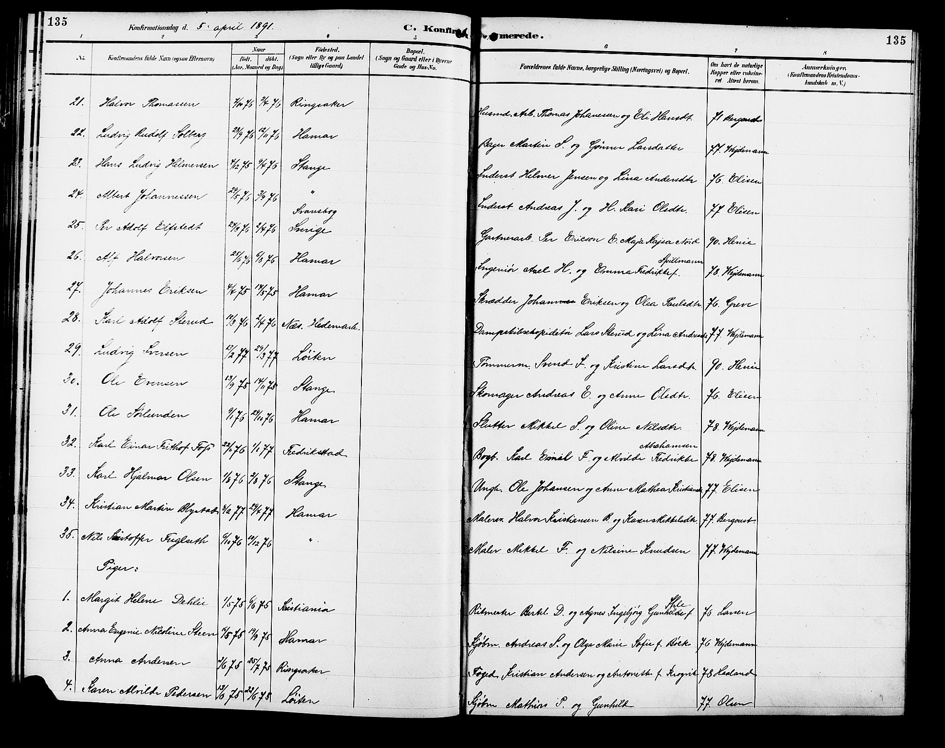 Vang prestekontor, Hedmark, SAH/PREST-008/H/Ha/Hab/L0013: Parish register (copy) no. 13, 1890-1899, p. 135