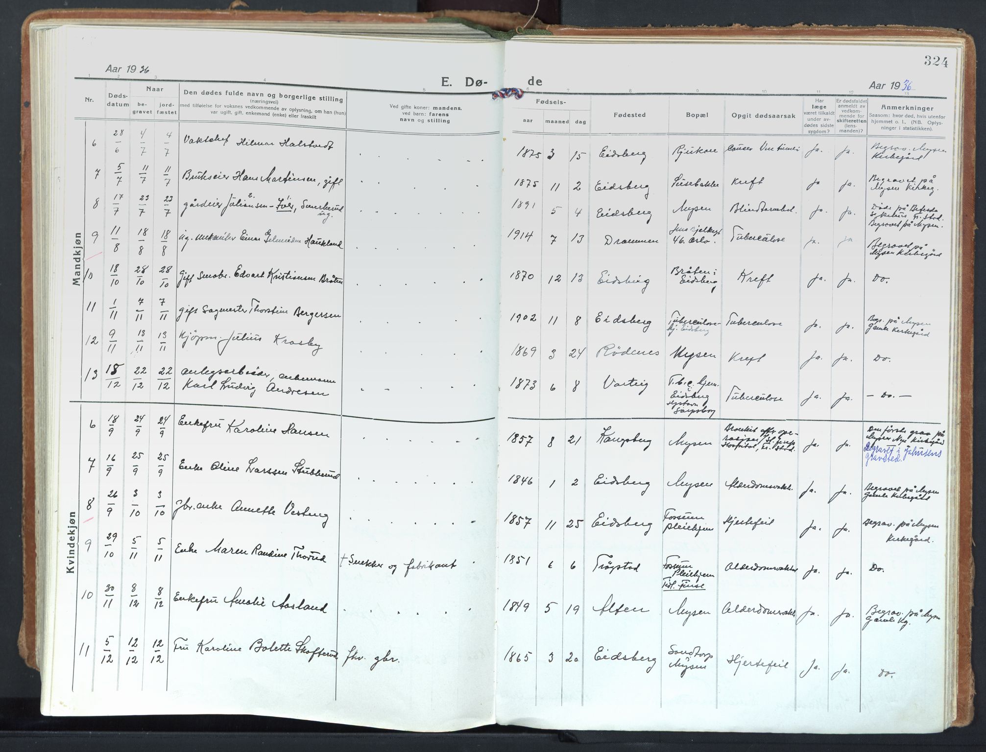Eidsberg prestekontor Kirkebøker, AV/SAO-A-10905/F/Fd/L0001: Parish register (official) no. IV 1, 1921-1948, p. 324