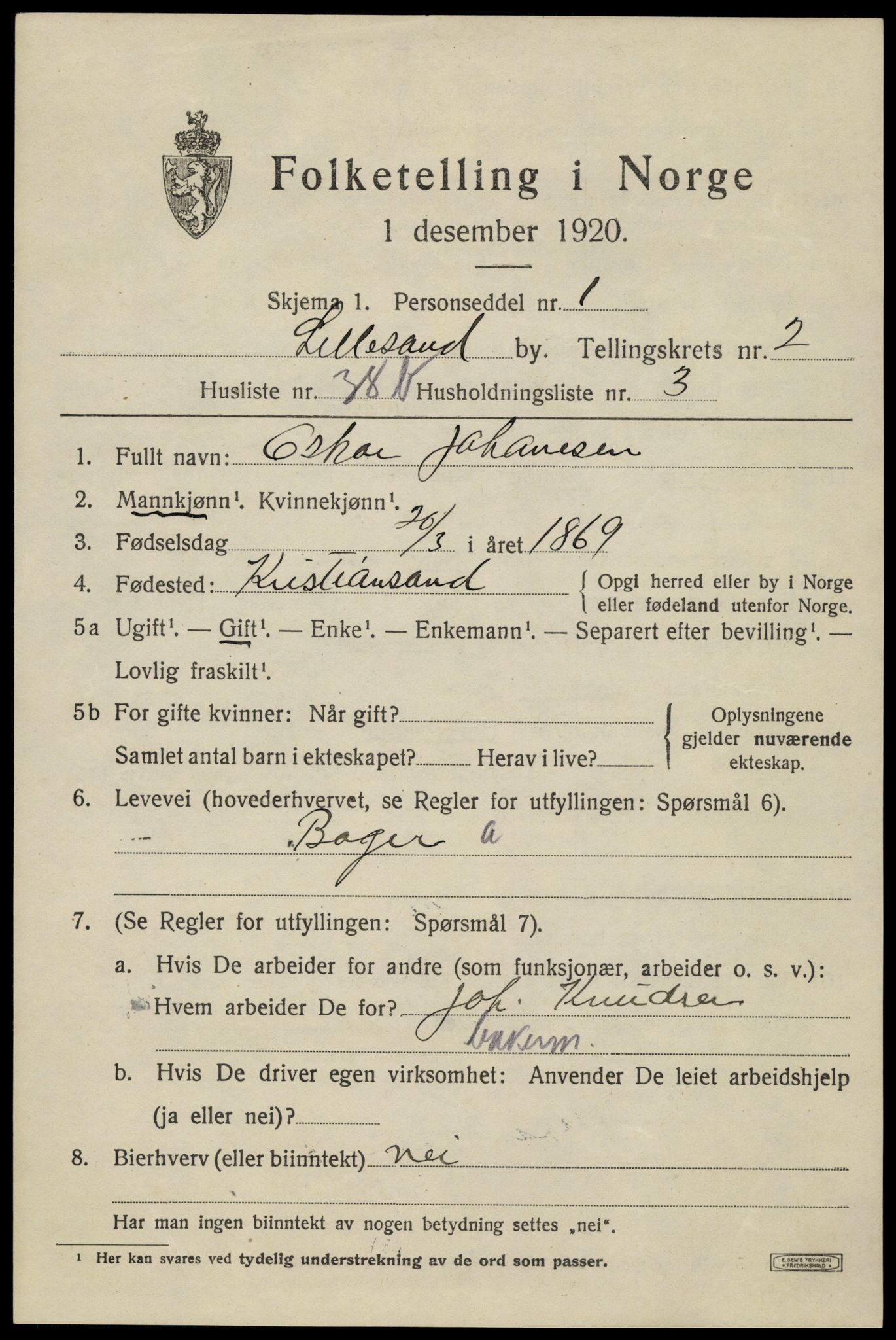 SAK, 1920 census for Lillesand, 1920, p. 2827