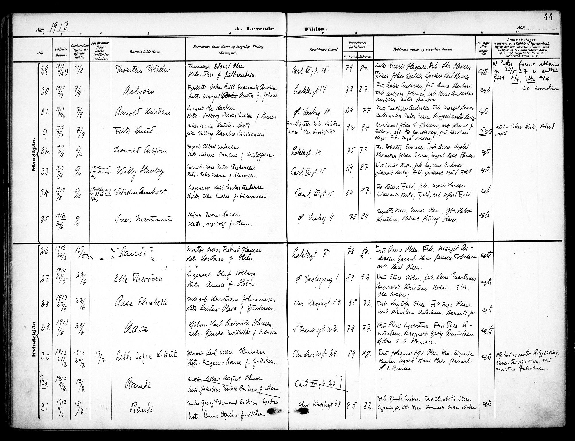 Vaterland prestekontor Kirkebøker, AV/SAO-A-10880/F/Fa/L0001: Parish register (official) no. 1, 1907-1930, p. 44