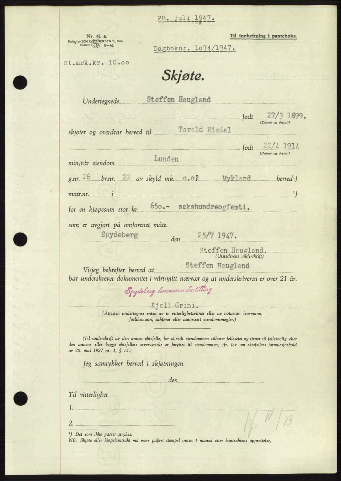 Nedenes sorenskriveri, AV/SAK-1221-0006/G/Gb/Gba/L0057: Mortgage book no. A9, 1947-1947, Diary no: : 1074/1947