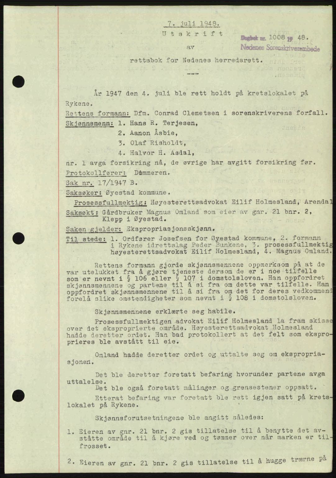 Nedenes sorenskriveri, AV/SAK-1221-0006/G/Gb/Gba/L0059: Mortgage book no. A11, 1948-1948, Diary no: : 1008/1948