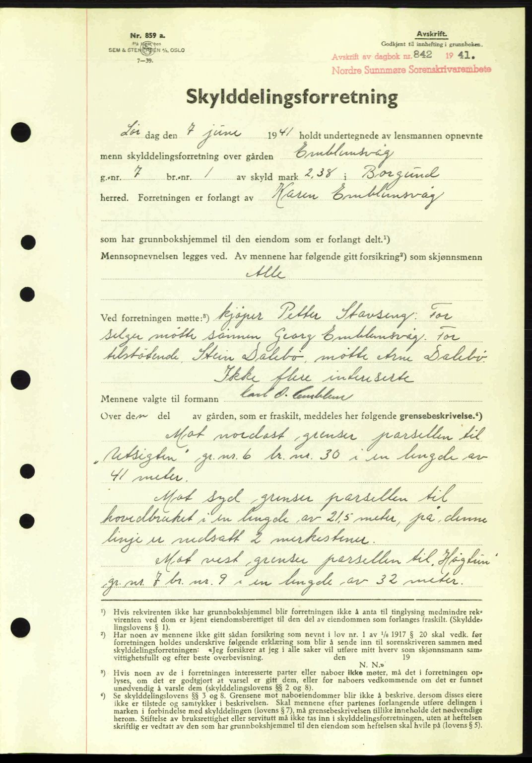 Nordre Sunnmøre sorenskriveri, AV/SAT-A-0006/1/2/2C/2Ca: Mortgage book no. A11, 1941-1941, Diary no: : 842/1941