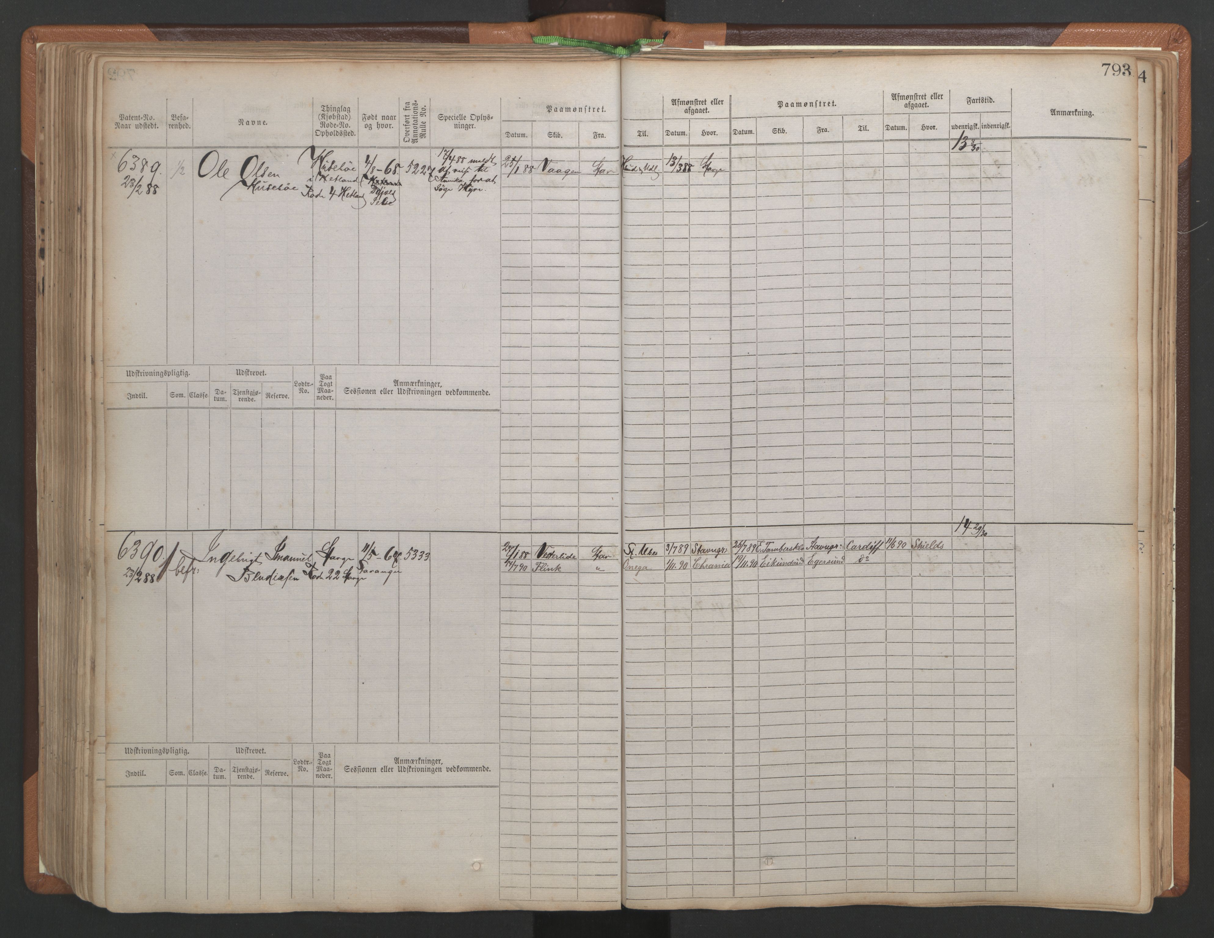 Stavanger sjømannskontor, AV/SAST-A-102006/F/Fb/Fbb/L0010: Sjøfartshovedrulle, patentnr. 6007-6606 (del 1), 1887-1896, p. 197