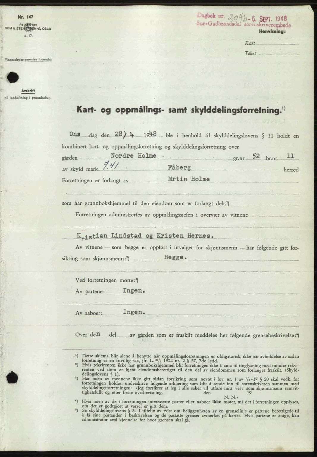 Sør-Gudbrandsdal tingrett, SAH/TING-004/H/Hb/Hbd/L0022: Mortgage book no. A22, 1948-1948, Diary no: : 2046/1948