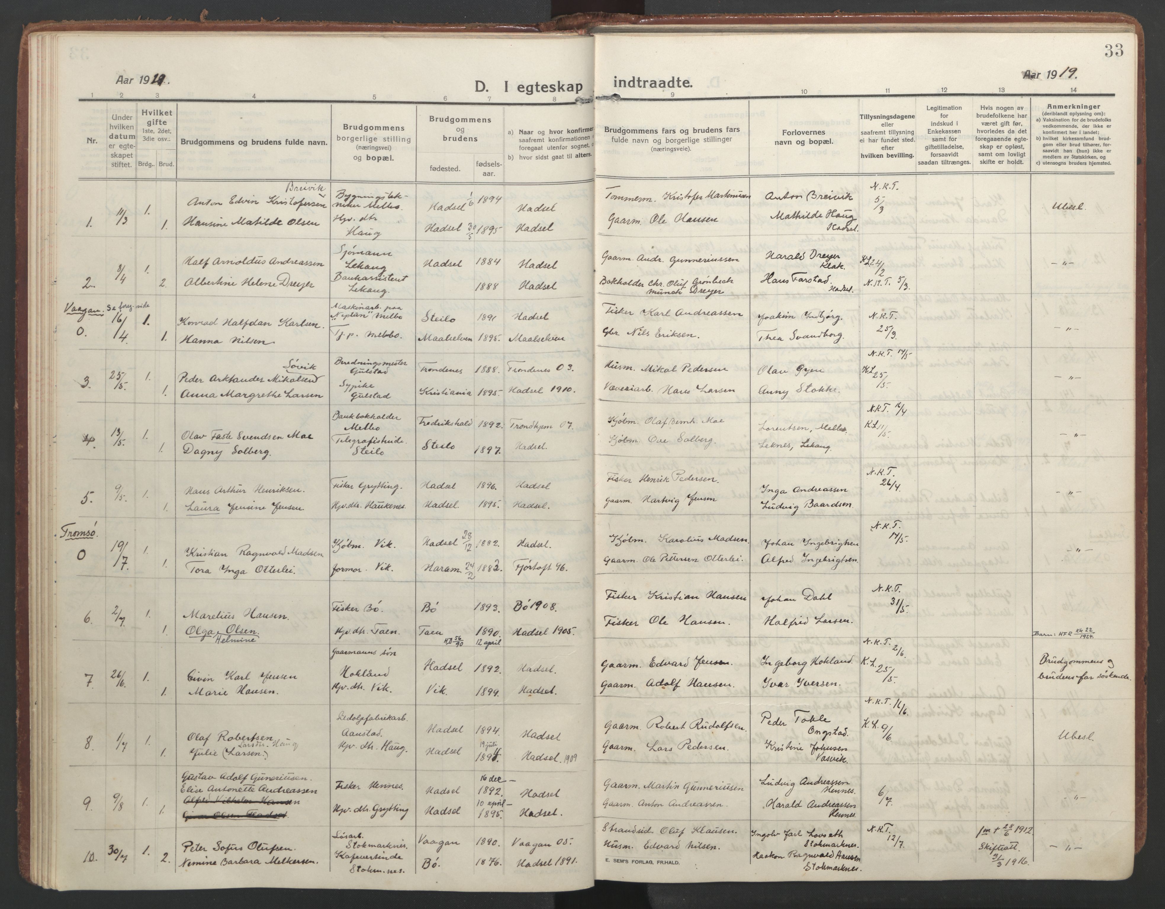 Ministerialprotokoller, klokkerbøker og fødselsregistre - Nordland, SAT/A-1459/888/L1251: Parish register (official) no. 888A17, 1913-1925, p. 33
