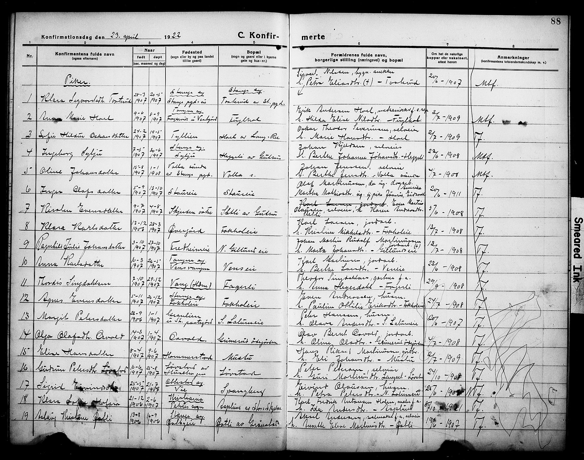 Stange prestekontor, AV/SAH-PREST-002/L/L0016: Parish register (copy) no. 16, 1918-1928, p. 88