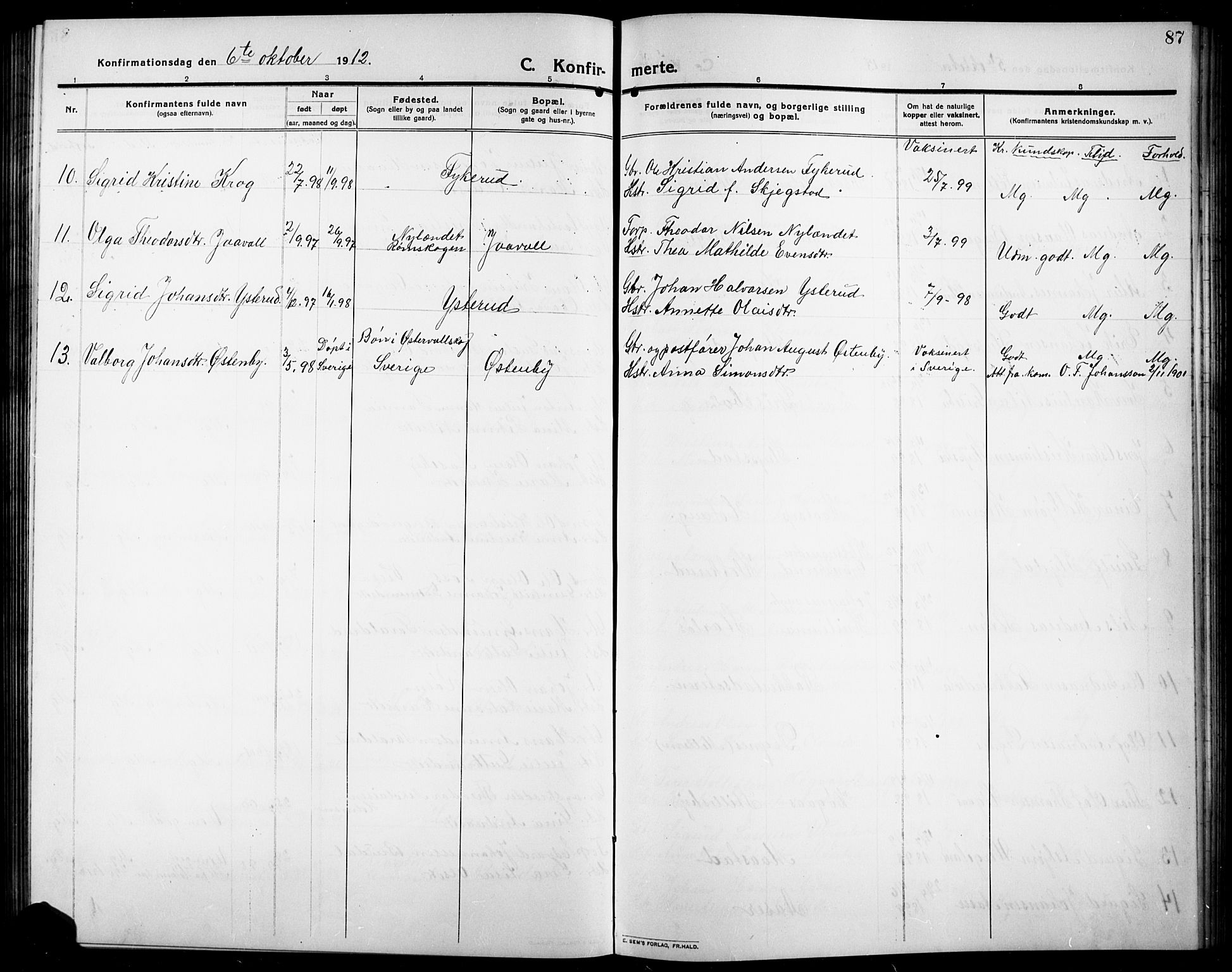 Rødenes prestekontor Kirkebøker, AV/SAO-A-2005/G/Ga/L0003: Parish register (copy) no. I 3, 1911-1926, p. 87