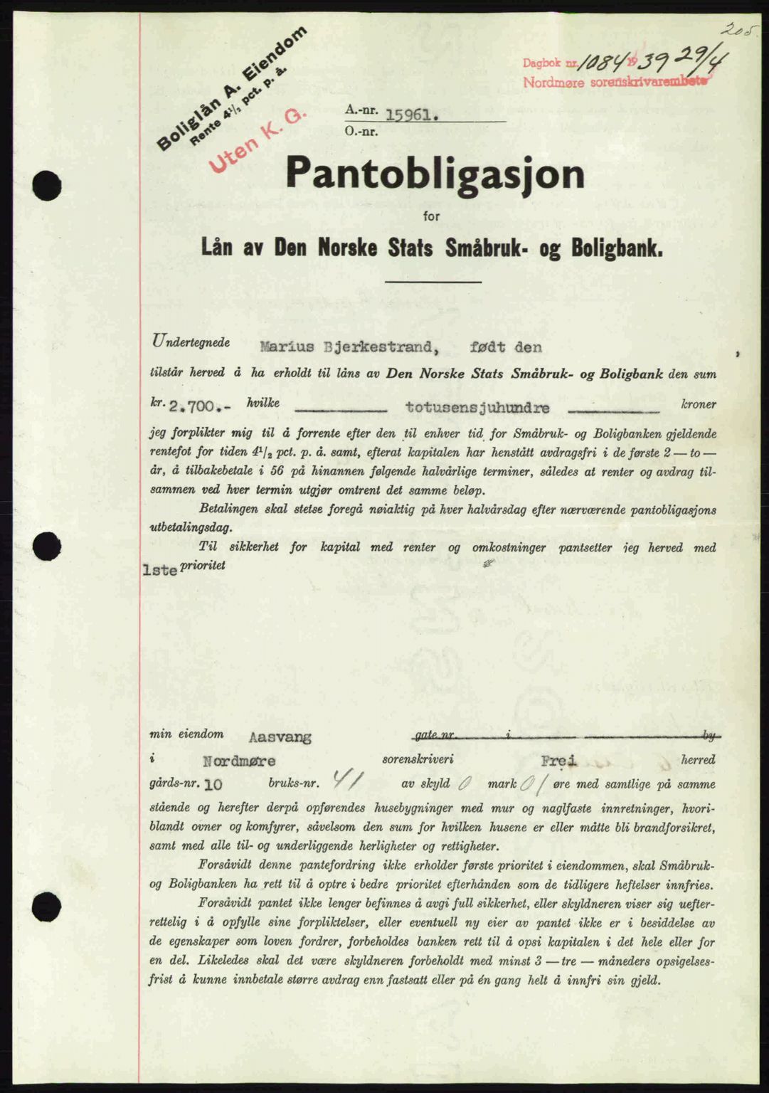 Nordmøre sorenskriveri, AV/SAT-A-4132/1/2/2Ca: Mortgage book no. B85, 1939-1939, Diary no: : 1084/1939