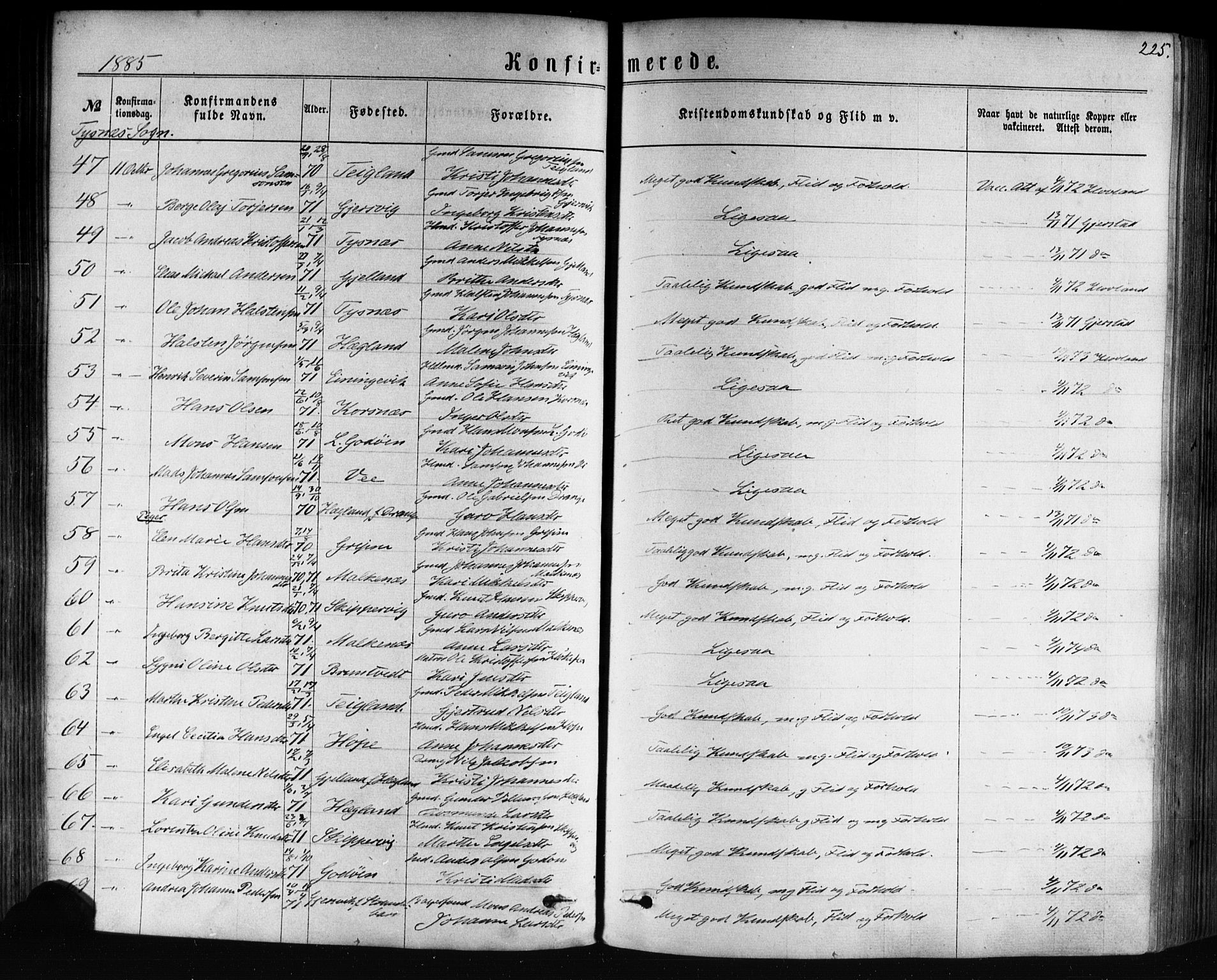 Tysnes sokneprestembete, SAB/A-78601/H/Haa: Parish register (official) no. A 12, 1872-1886, p. 225