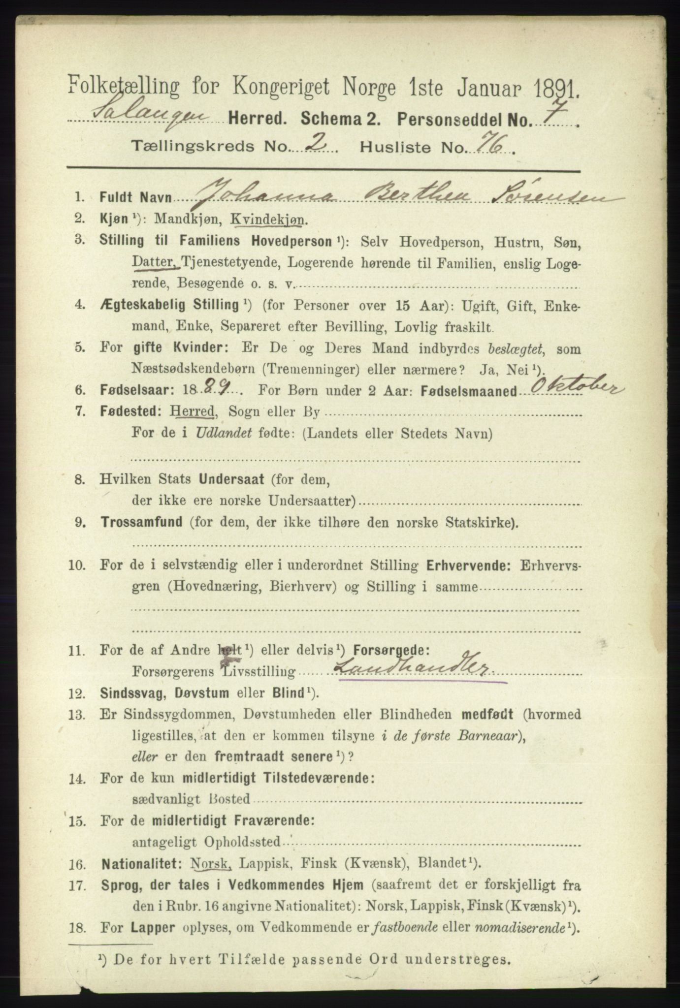 RA, 1891 census for 1921 Salangen, 1891, p. 1140