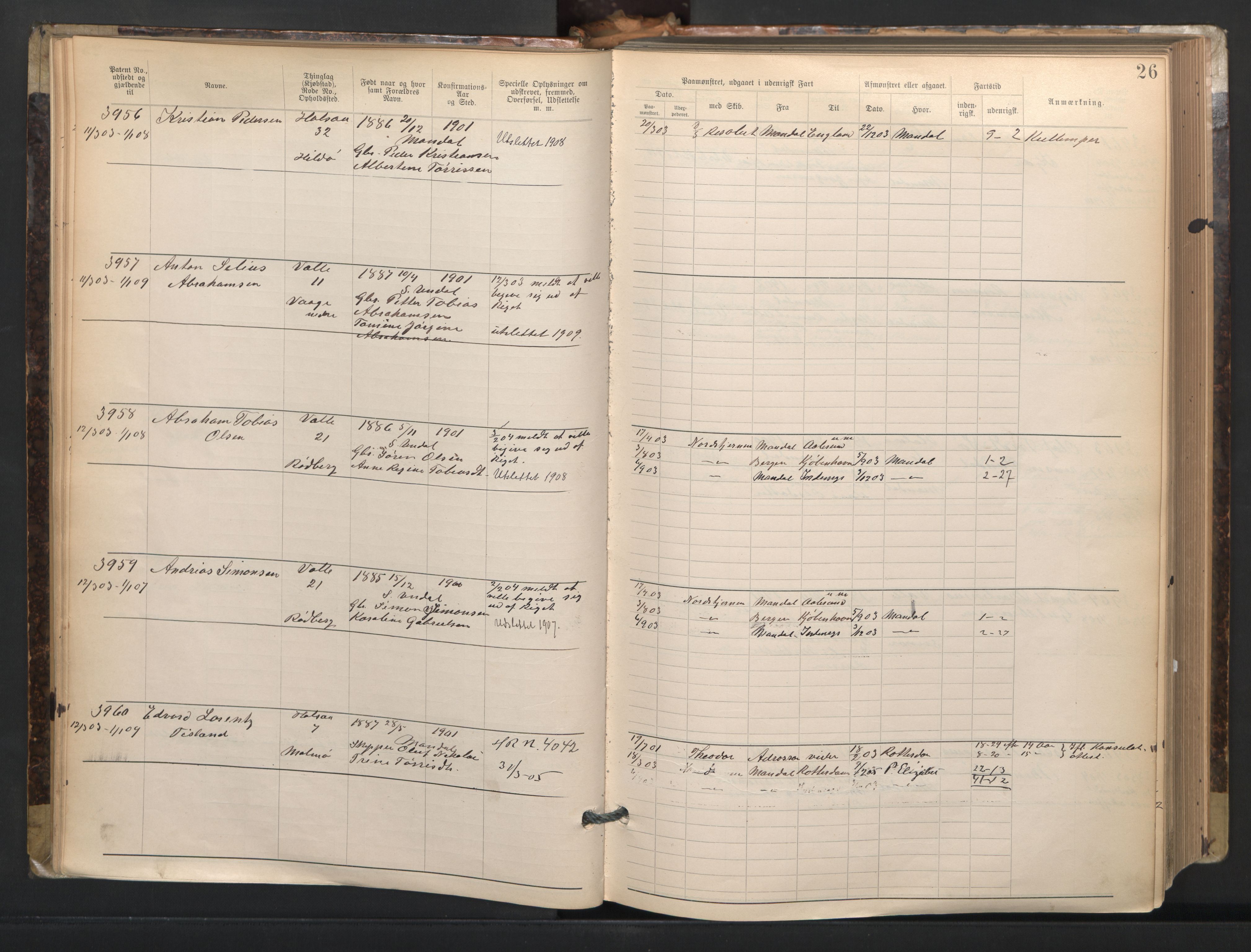 Mandal mønstringskrets, AV/SAK-2031-0016/F/Fa/L0003: Annotasjonsrulle nr 3831-4730 med register, L-5, 1900-1948, p. 50