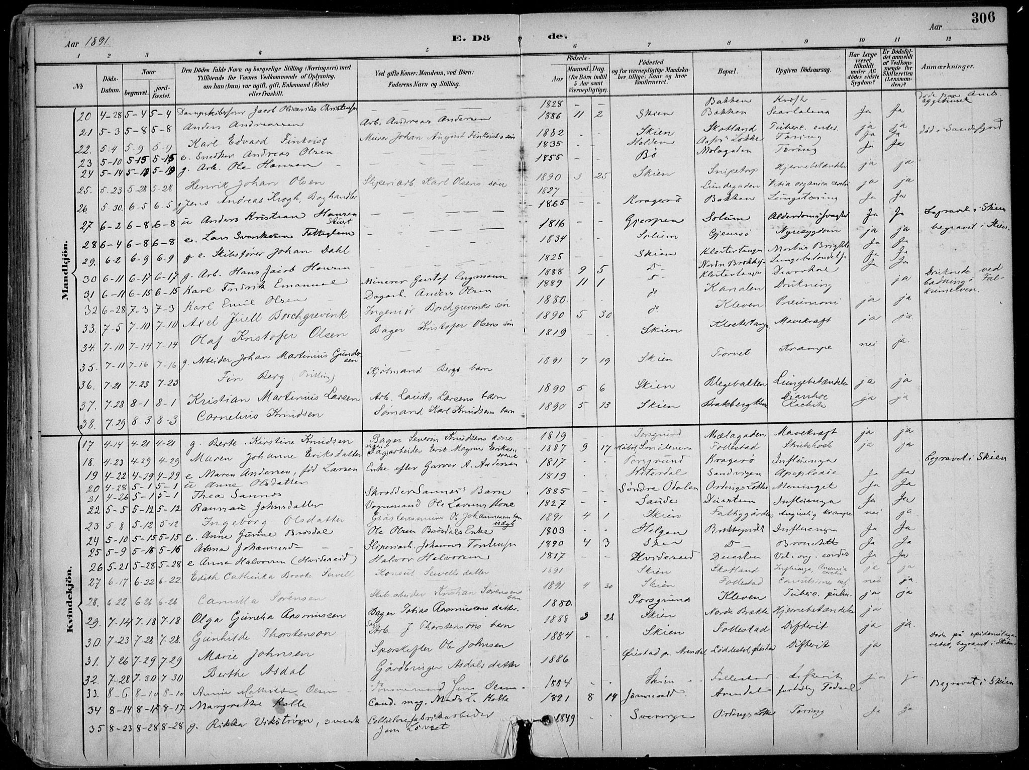 Skien kirkebøker, AV/SAKO-A-302/F/Fa/L0010: Parish register (official) no. 10, 1891-1899, p. 306