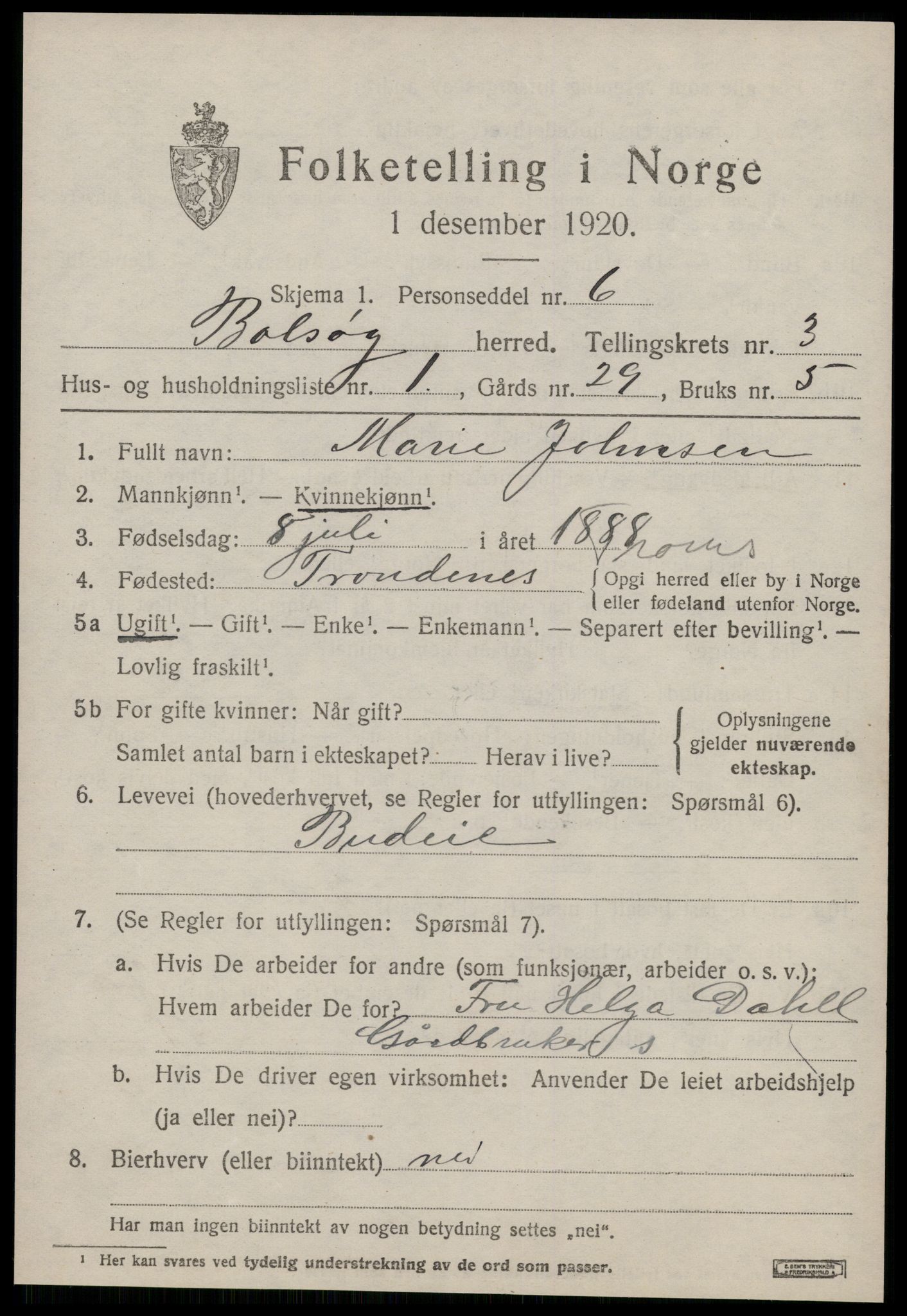 SAT, 1920 census for Bolsøy, 1920, p. 5345