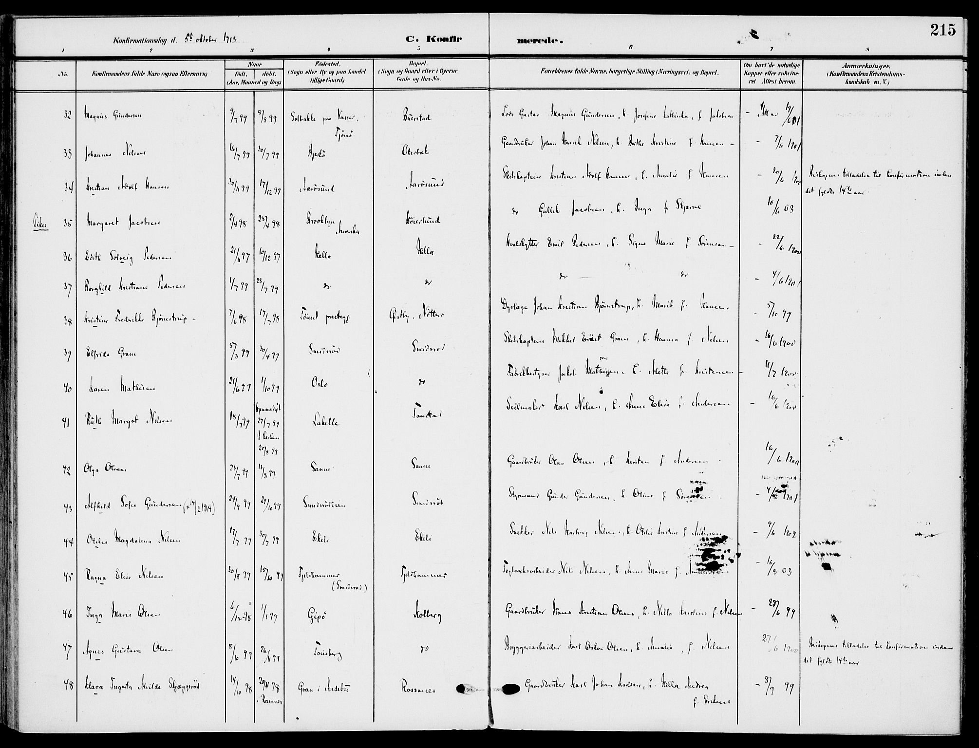 Nøtterøy kirkebøker, AV/SAKO-A-354/F/Fa/L0010: Parish register (official) no. I 10, 1908-1919, p. 215