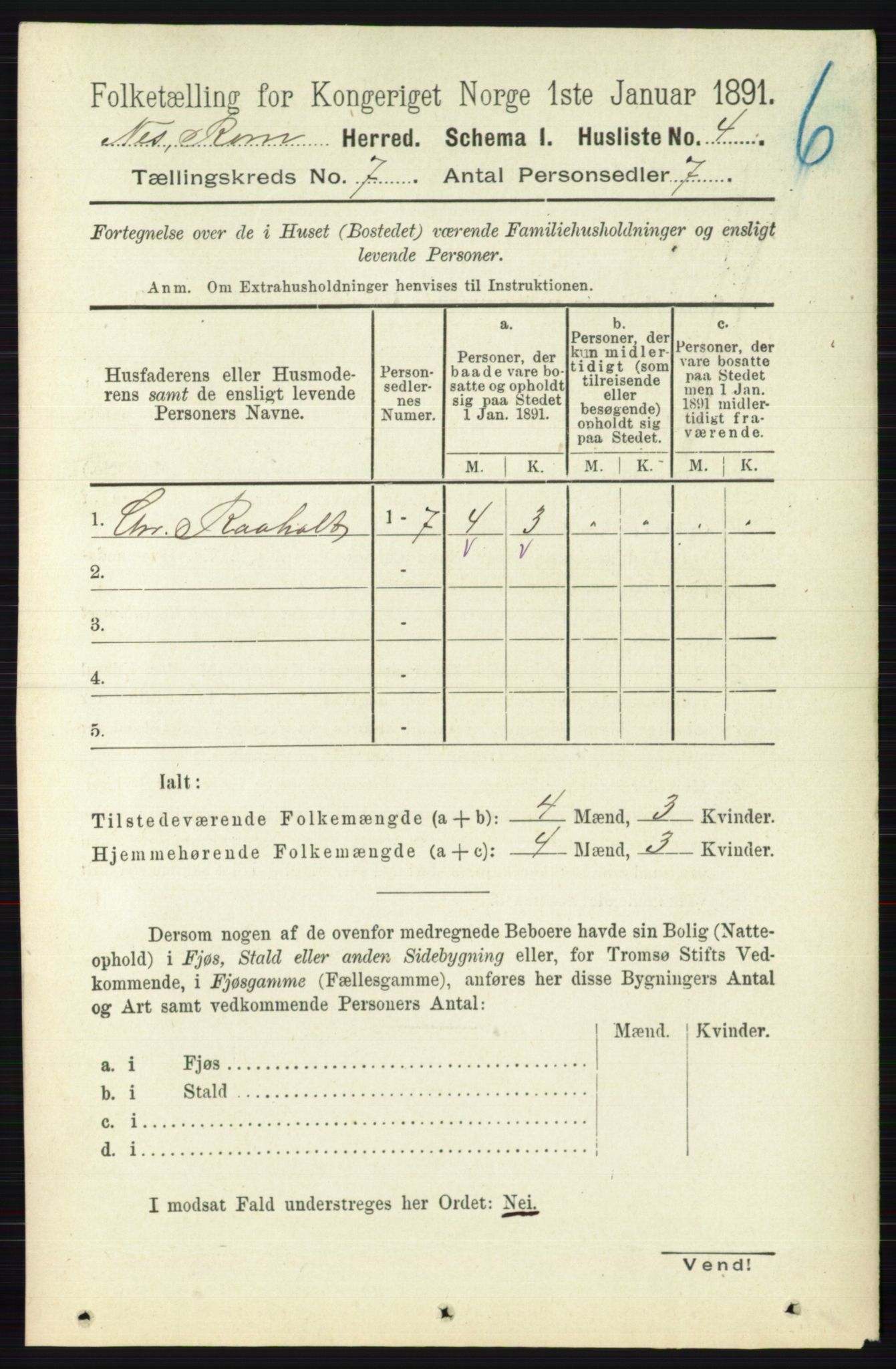 RA, 1891 census for 0236 Nes, 1891, p. 3945