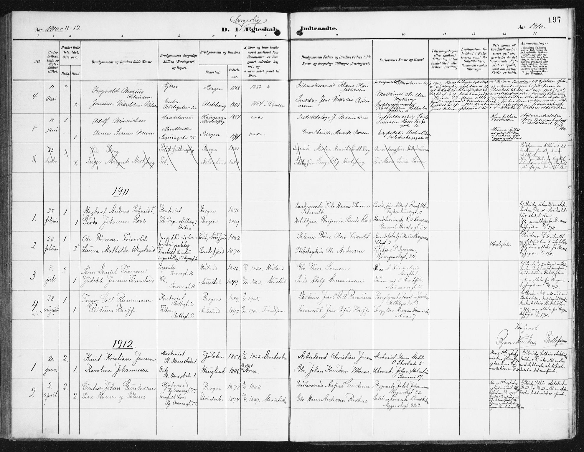 Domkirken sokneprestembete, SAB/A-74801/H/Haa/L0038: Parish register (official) no. D 5, 1906-1921, p. 197