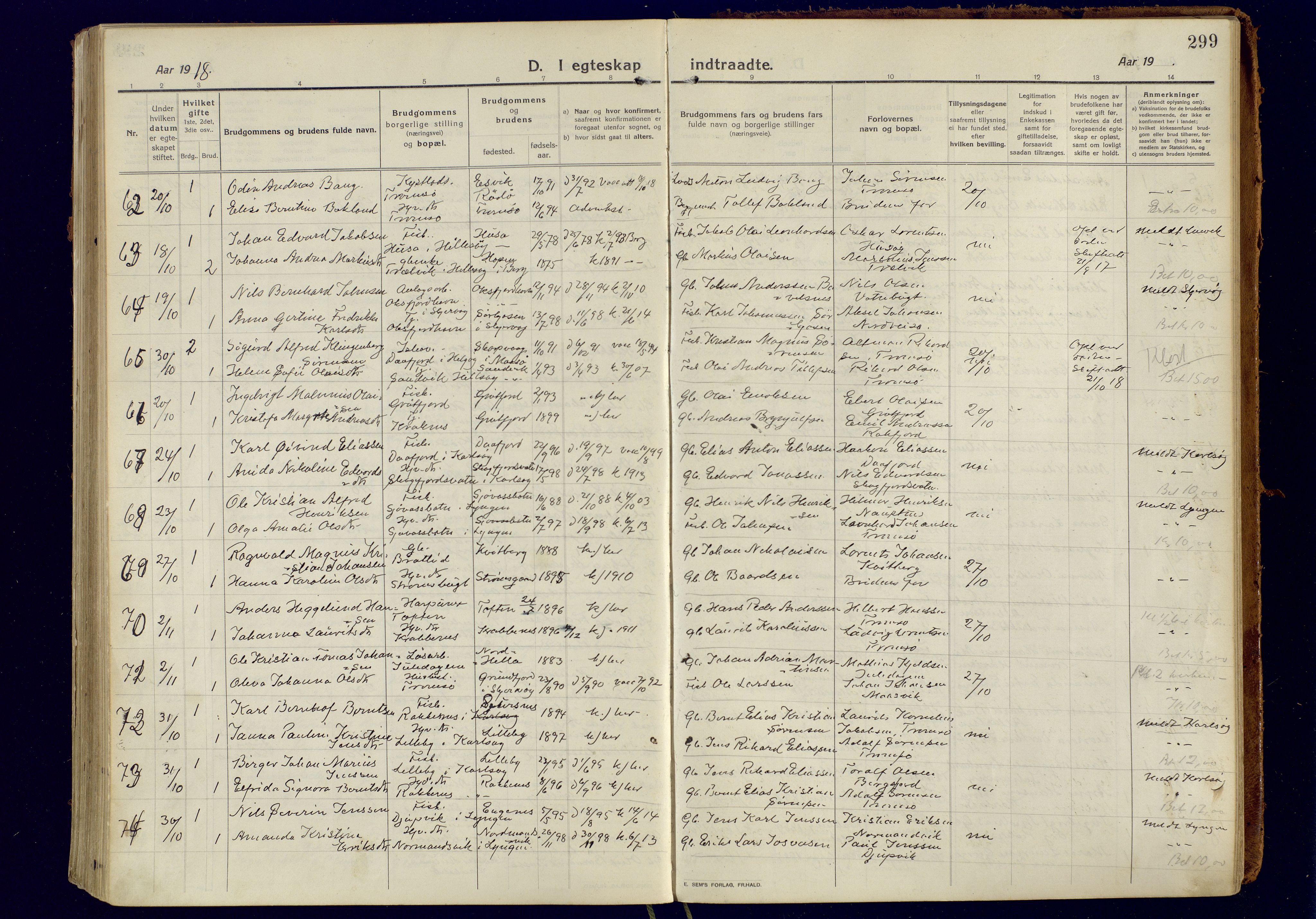 Tromsøysund sokneprestkontor, SATØ/S-1304/G/Ga/L0008kirke: Parish register (official) no. 8, 1914-1922, p. 299