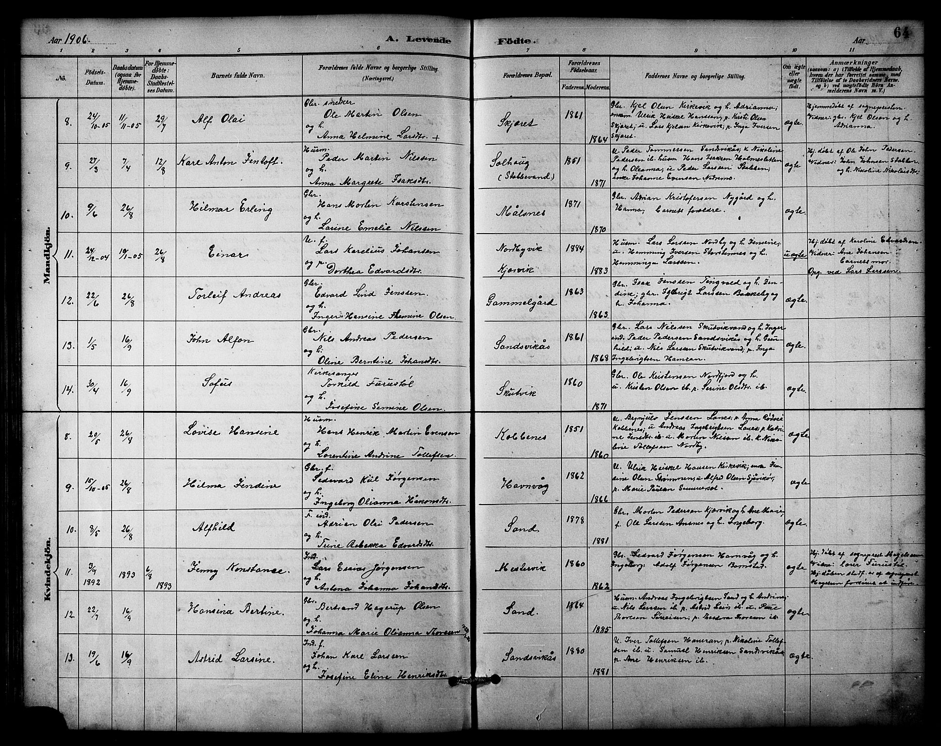 Balsfjord sokneprestembete, SATØ/S-1303/G/Ga/L0003klokker: Parish register (copy) no. 3, 1887-1909, p. 64