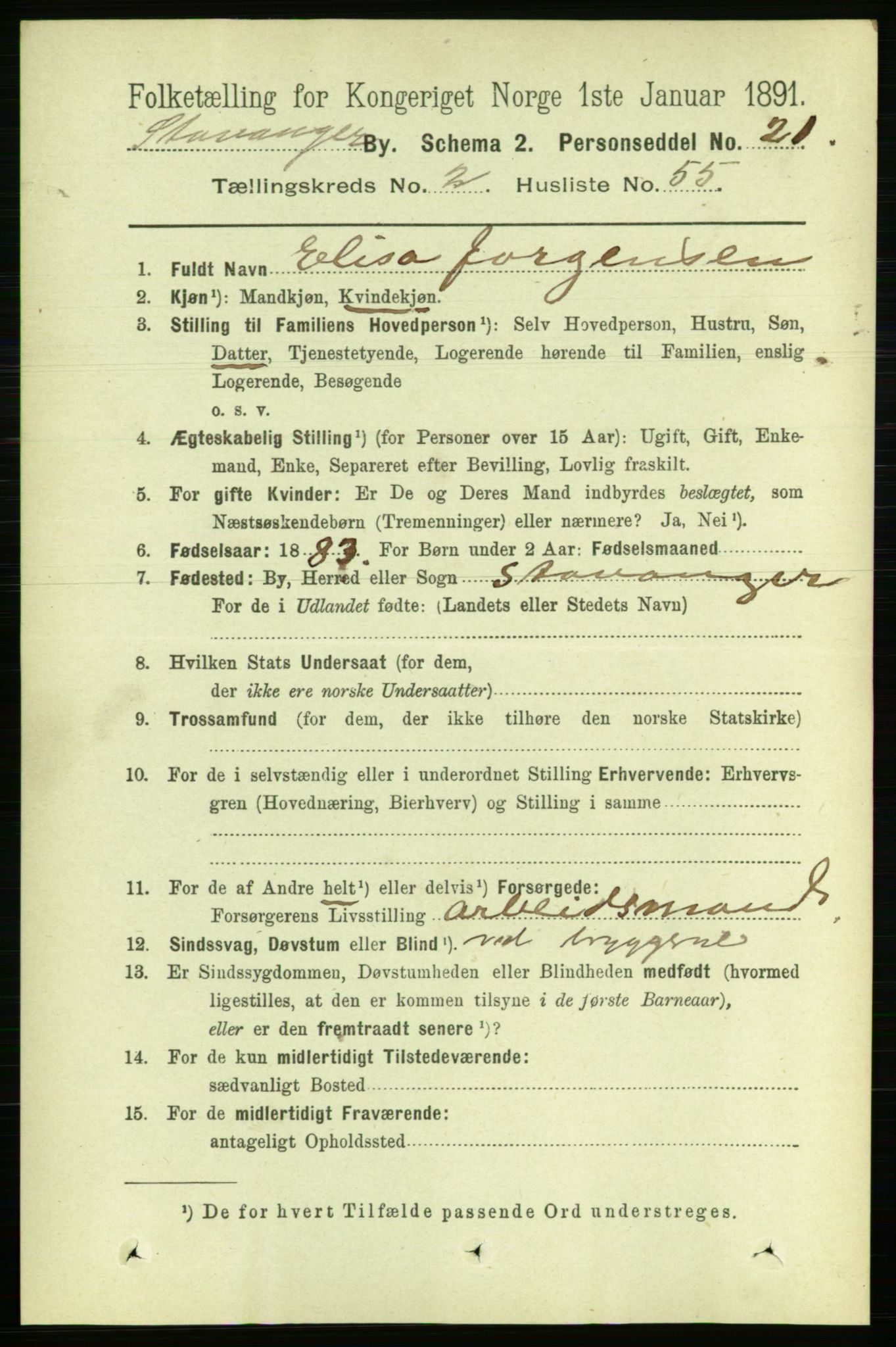 RA, 1891 census for 1103 Stavanger, 1891, p. 6396