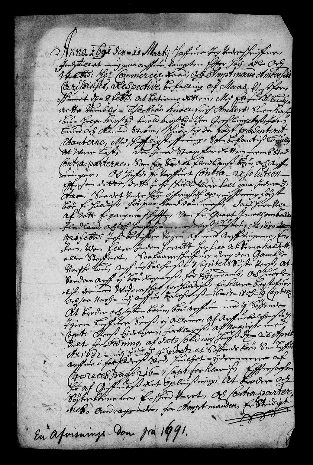 Stattholderembetet 1572-1771, RA/EA-2870/Af/L0004: Avskrifter av vedlegg til originale supplikker, nummerert i samsvar med supplikkbøkene, 1691-1694, p. 33