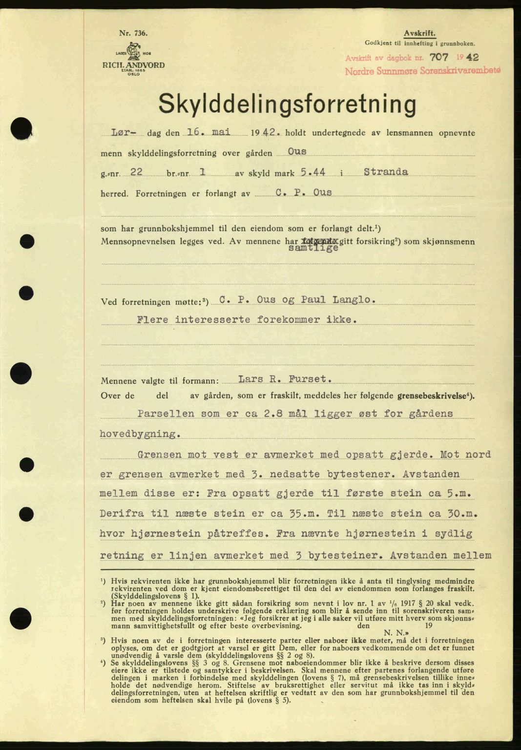 Nordre Sunnmøre sorenskriveri, AV/SAT-A-0006/1/2/2C/2Ca: Mortgage book no. A13, 1942-1942, Diary no: : 707/1942