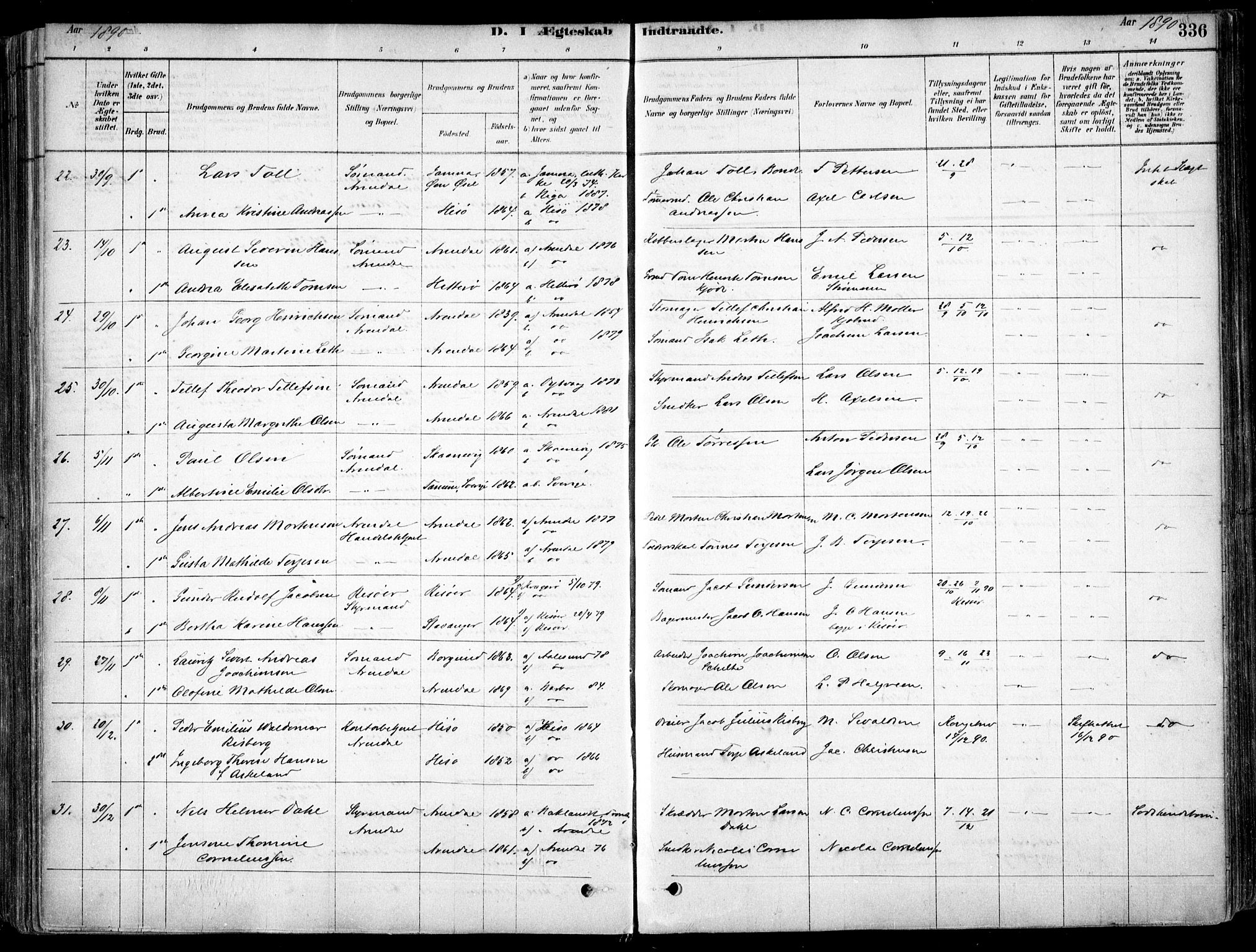 Arendal sokneprestkontor, Trefoldighet, AV/SAK-1111-0040/F/Fa/L0008: Parish register (official) no. A 8, 1878-1899, p. 336