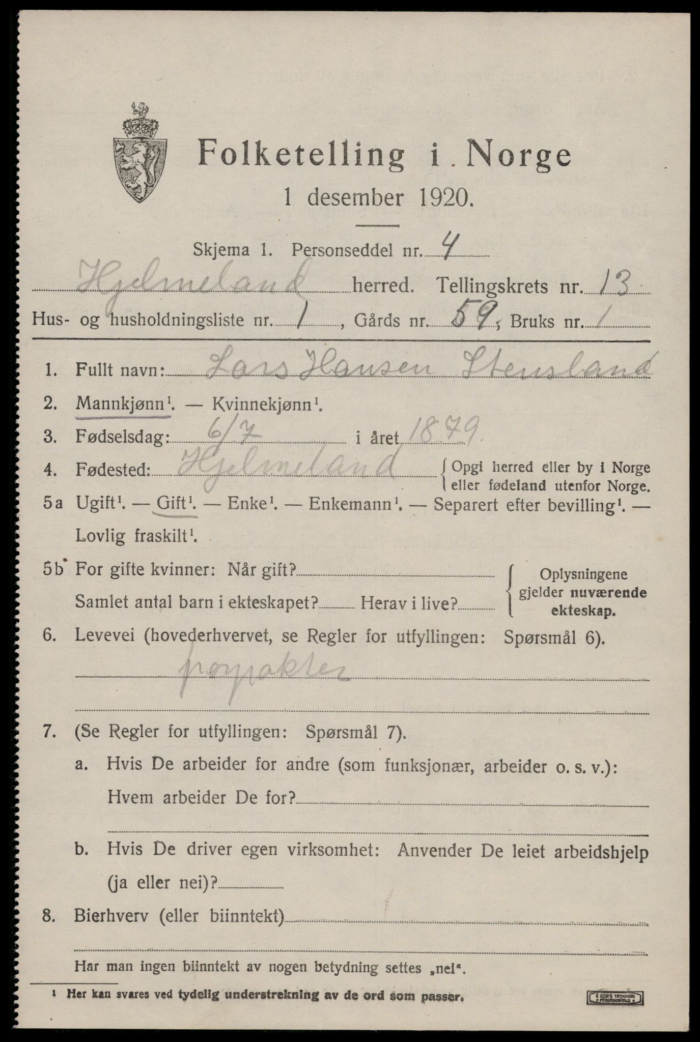 SAST, 1920 census for Hjelmeland, 1920, p. 4139