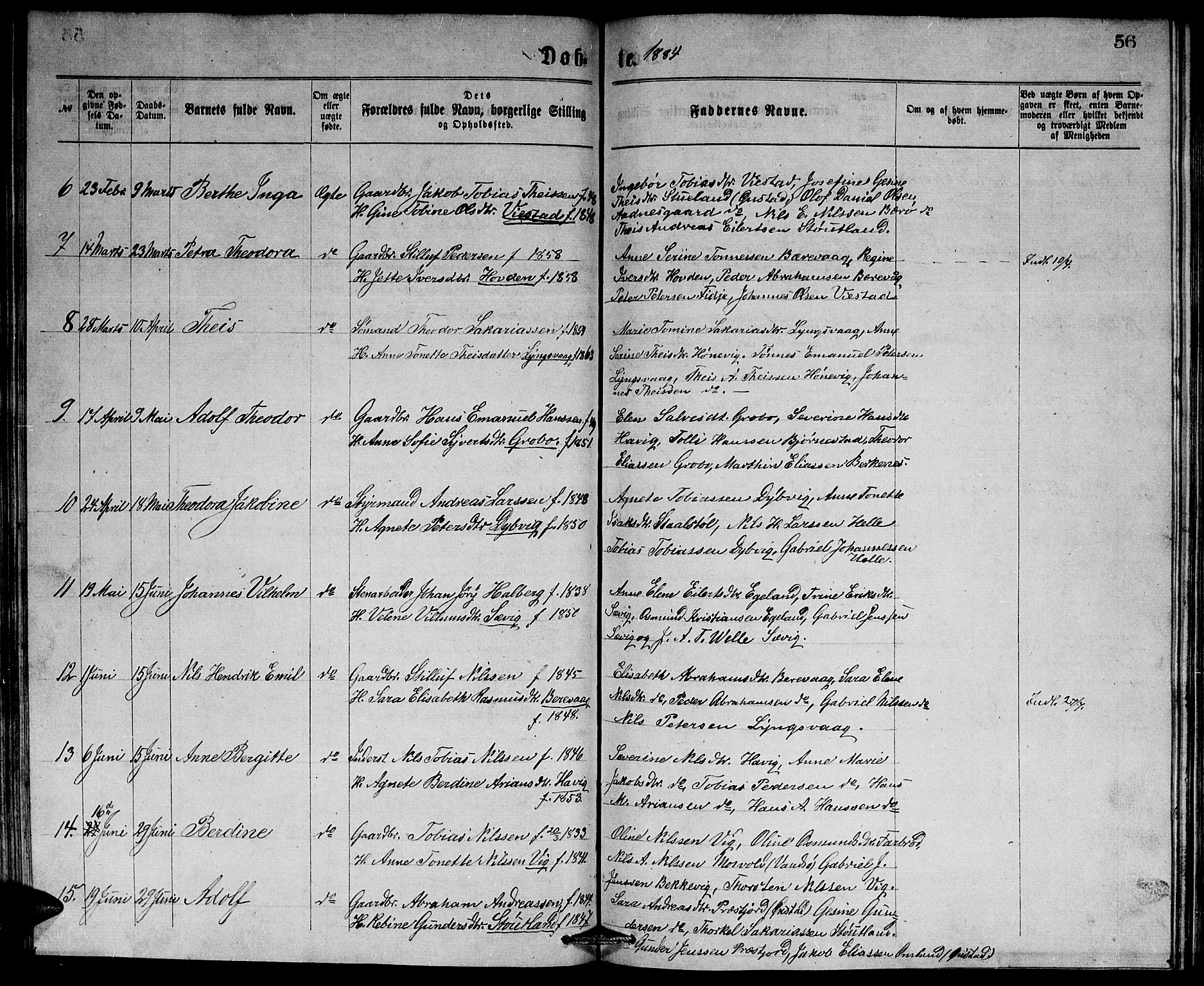 Herad sokneprestkontor, SAK/1111-0018/F/Fb/Fbb/L0003: Parish register (copy) no. B 3, 1872-1889, p. 56