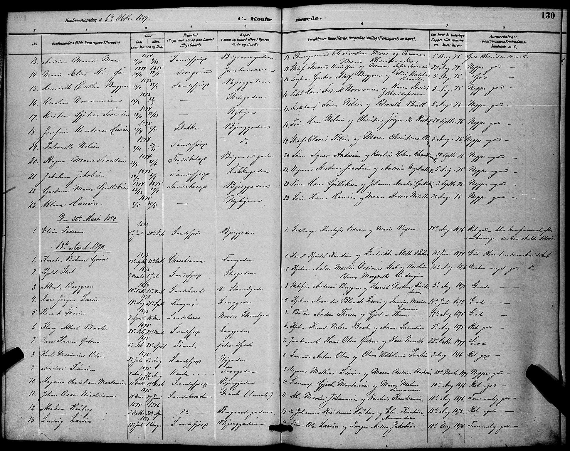 Sandefjord kirkebøker, SAKO/A-315/G/Ga/L0001: Parish register (copy) no. 1, 1885-1903, p. 130